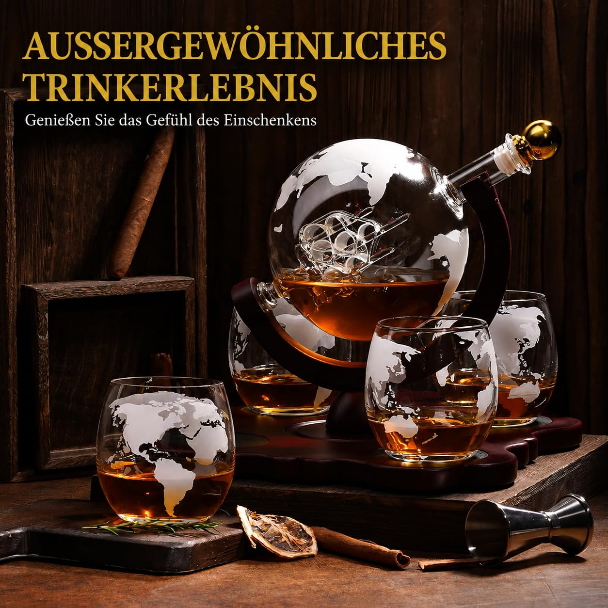 PONPUR Whisky Karaffe Set - Whiskey Geschenkset - Globus Dekanter 850ML, Geschenkbox, 2 Gläser, 2 Whisky Steine, Geschenke für Männer, Männergeschenke, Geburtstagsgeschenk Mann