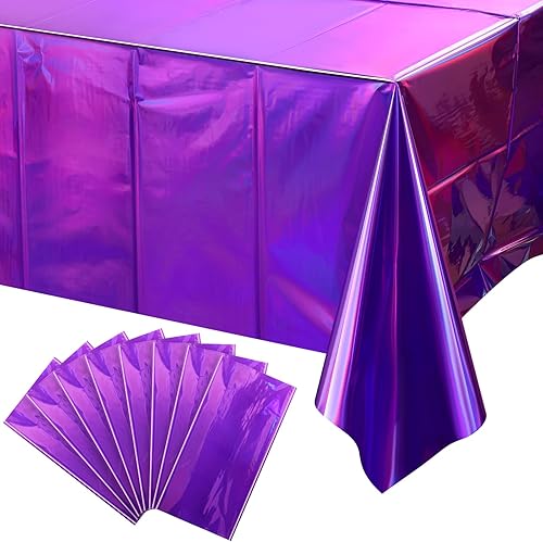 Paquete de 8 manteles de plástico color morado iridiscente, manteles rectangulares desechables con láser, manteles de papel de aluminio holográfico,