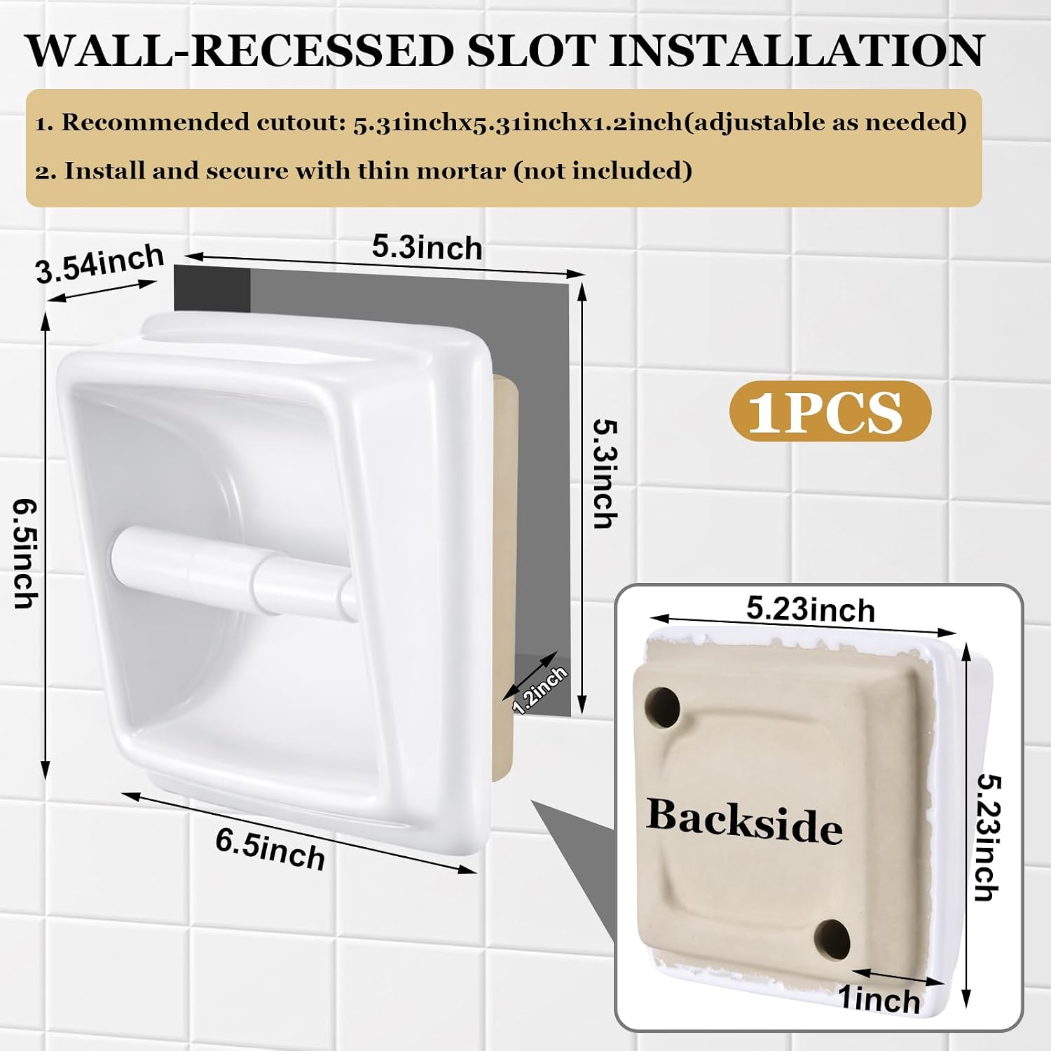 White Ceramic Toilet Paper Holder Glazed Recessed Tissue Dispenser image 2
