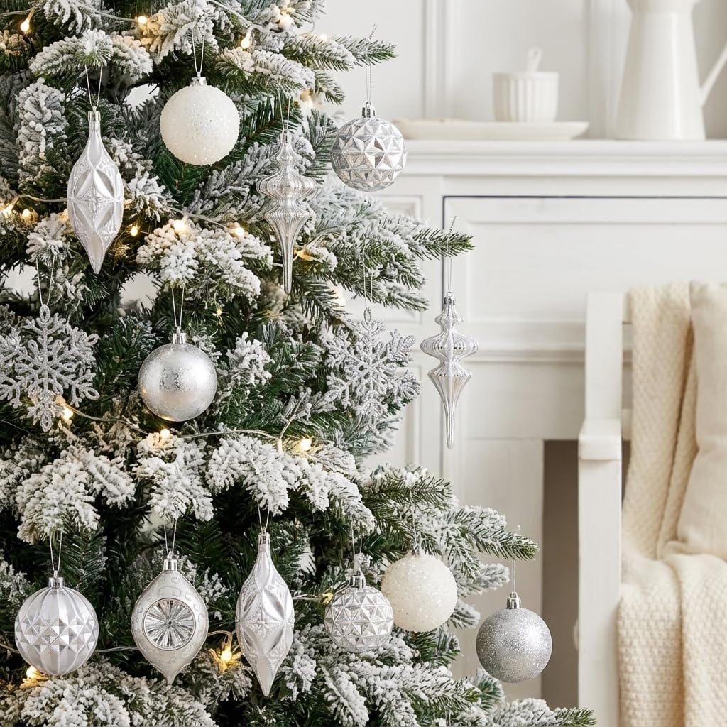 Valery Madelyn Christmas Ball Ornaments for, 50ct White and Silver Shatterproof Christmas Tree Decorations Set, Elegant Hanging Ornaments for Xmas Trees Bulk Holiday Wedding Party Decor