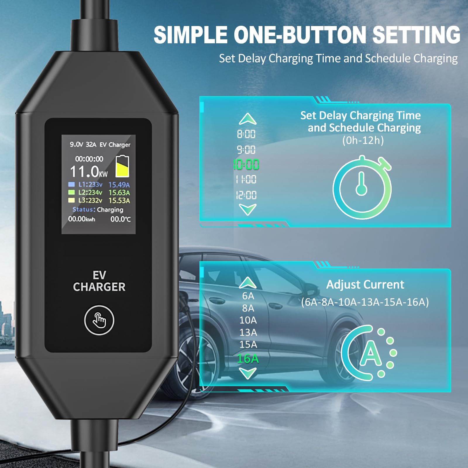 Mobile Wallbox 11kW Typ 2 Ladekabel,6-32 A einstellbar,mit LCD（11kW 5M）