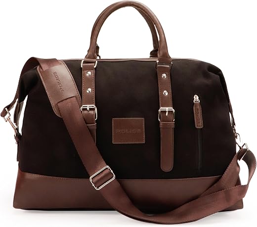POLICE Unisex Mitchell Black/Brown Canvas 65 LTR. Weekender Travel Duffle Bag for Business and Casual Use for Men and Women