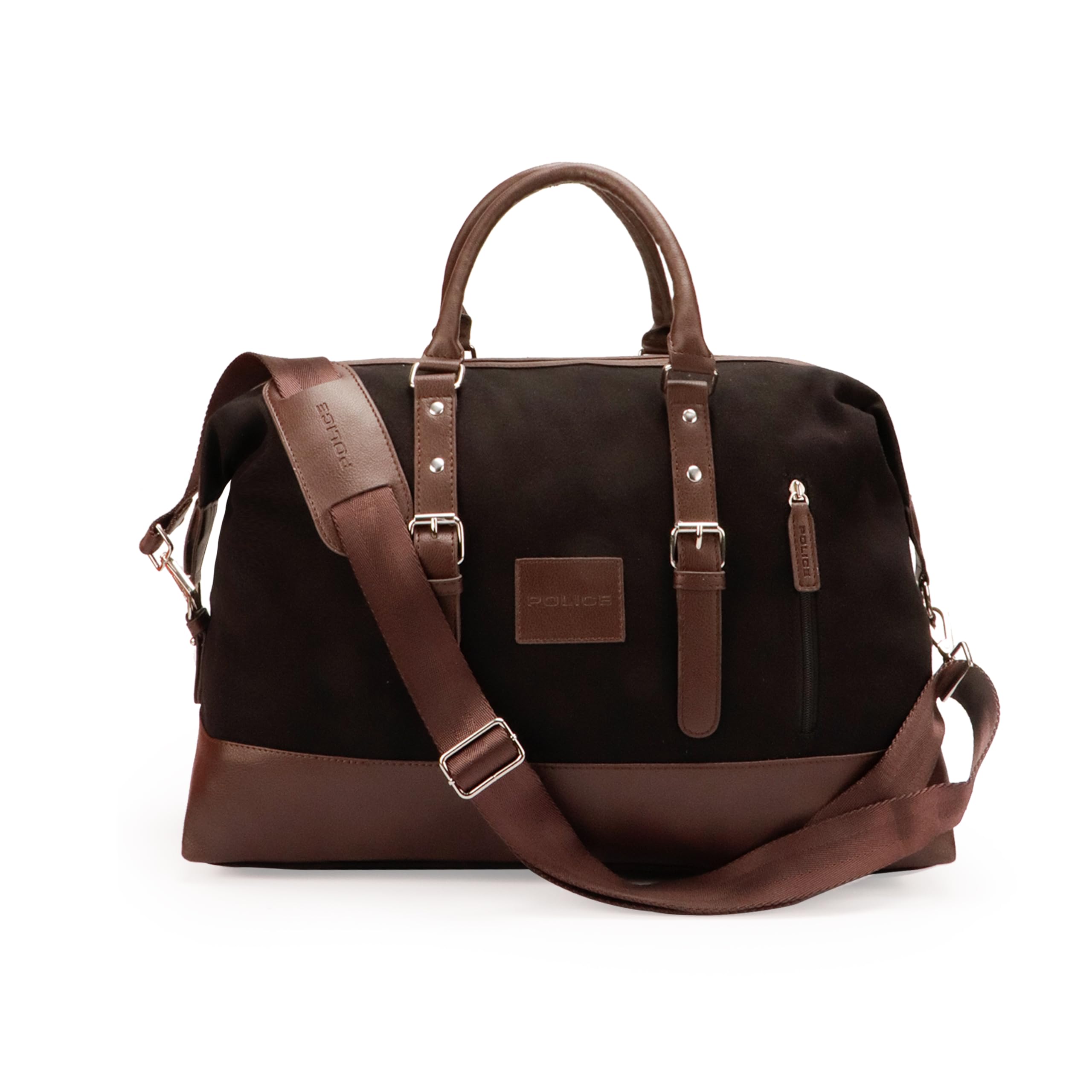 POLICE Unisex Mitchell Black/Brown Canvas 65 LTR. Weekender Travel Duffle Bag for Business and Casual Use for Men and Women