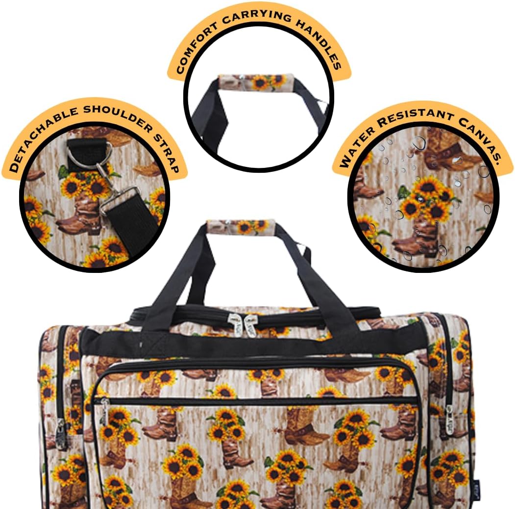 NGIL Canvas 20" inch Duffle Bag (Cowboy Boots & Sunflowers-black)