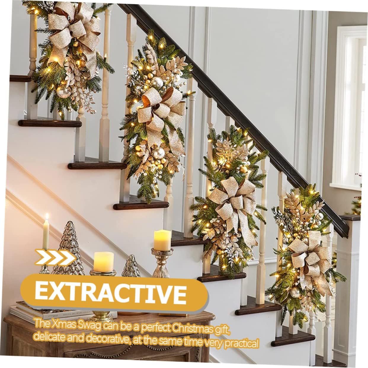 Xmas Stair Railing Swag Wreath Decor Ornament for Front Door Wall Christmas Garland for Holiday Celebrations Wear-Resistant Design