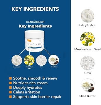 Kenkoderm Psoriasis Cream - Natural Moisturizing Face & Body Lotion with 2 Percent Salicylic Acid - Renewing Topical Formula for Dry & Sensitive Skin, Fragrance & Color Free, 10 oz., 1 Jar