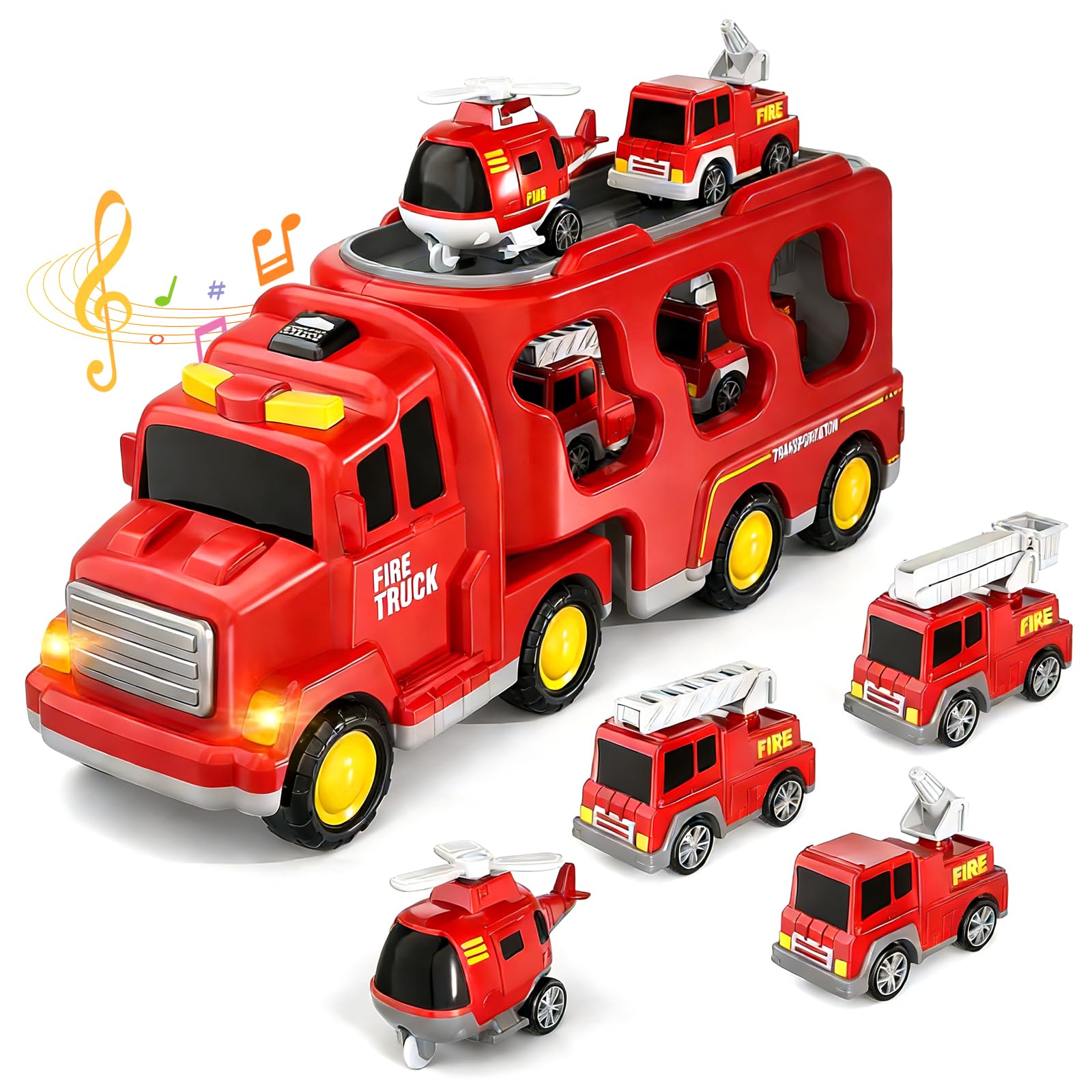 5 en 1 Camion Pompieri Giocattolo, Camion Trasportatore Macchinine con 4 Mini Camions dei Pompieri Camion dei Pompieri ad Inerzia avec Luci e Suoni Regalo per Ragazzi Ragazze di 3 4 5 6 anni