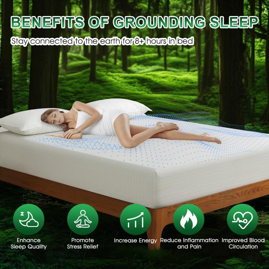 Ivellow Grounding Sheets King 10% Pure Silver Fiber 90% Organic Cotton Sheets King Size 16” Deep Pocket Soft Breathable Grounded Sheet Earth Connected Bedding White Fitted Sheet with Grounding Cord