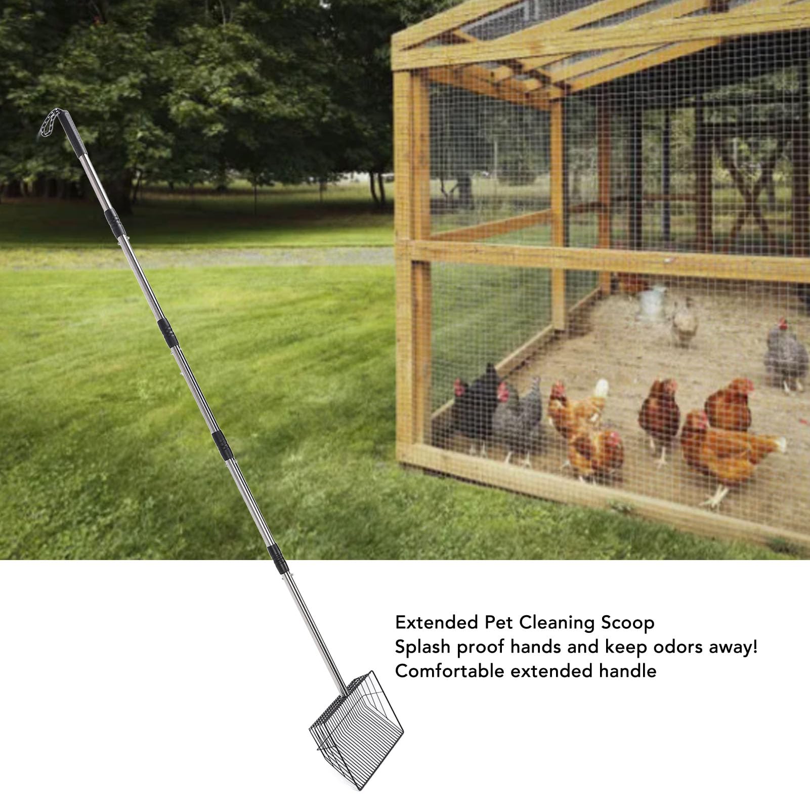 Cuchara grande de 9.8 pulgadas para excrementos de pollo con 5 asas extensibles, pala de arena para gatos, accesorios resistentes para gallineros, granja