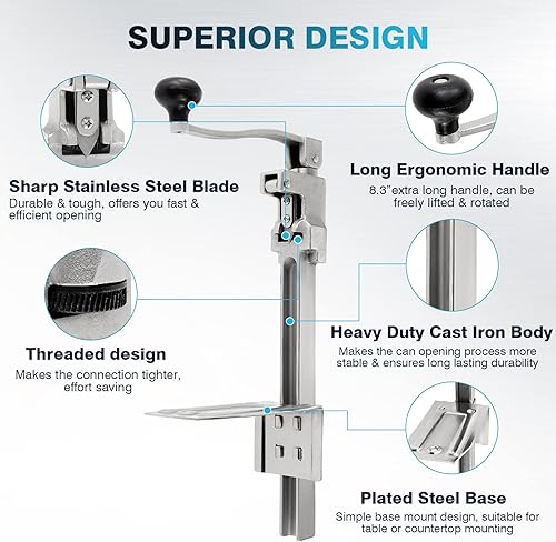Miniatura 7 de IRONWALLS Abrelatas comercial para restaurante, 19 pulgadas18.9 in, resistente montaje en mesa, abrelatas manual para latas de hasta 13 pulgadas de