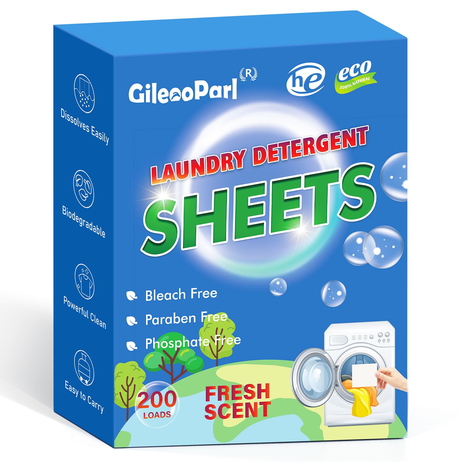 200-loads Eco Laundry Detergent Sheets - Fresh Scent - for Home/Travel/Apartment/Dorm - Gileooparl Plastic Free Liquidless Laundry Detergent Strips -