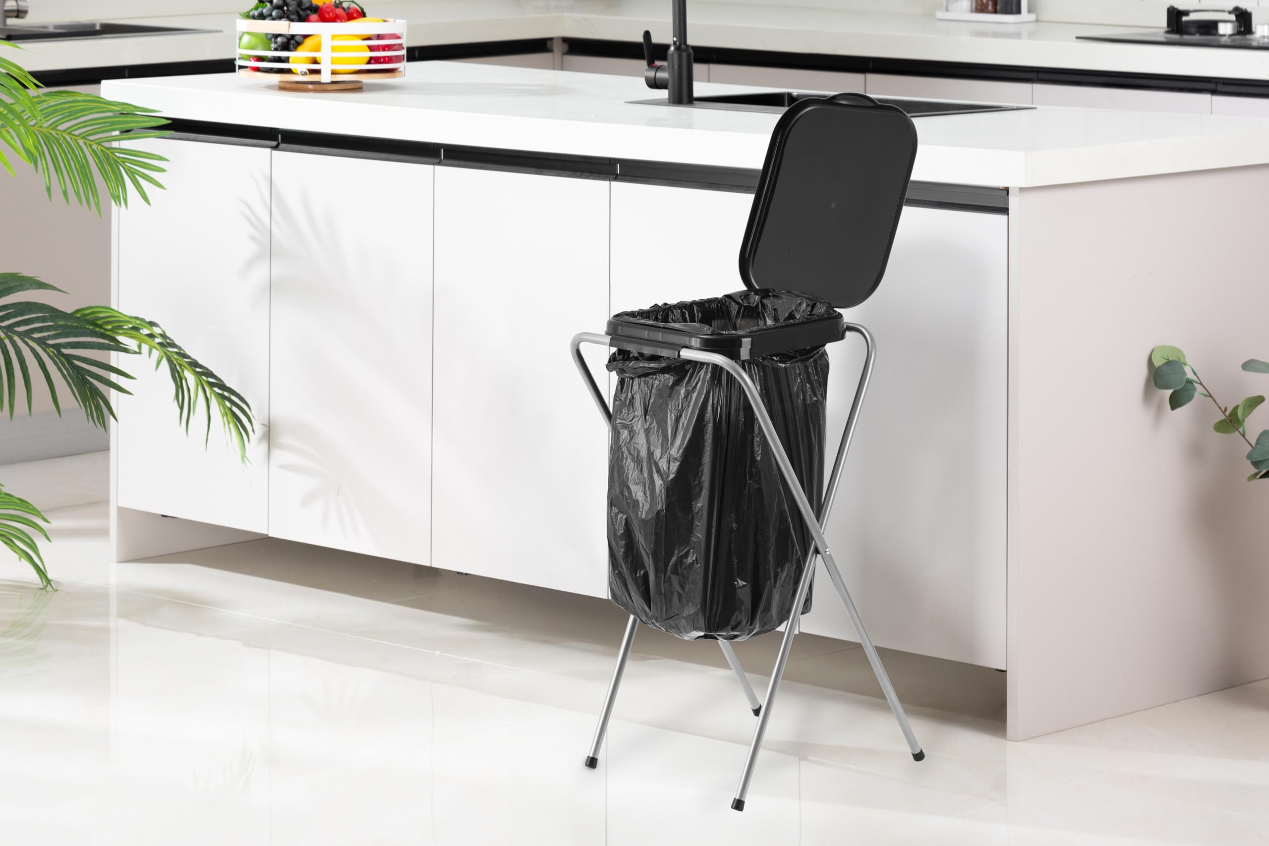 ECHTWERK Soporte para bolsa de basura con tapa – Soporte robusto para bolsas de 70–100 litros, con anillo de sujeción, marco de acero y tapa de plástico, 38 x 36 x 75 cm, negro