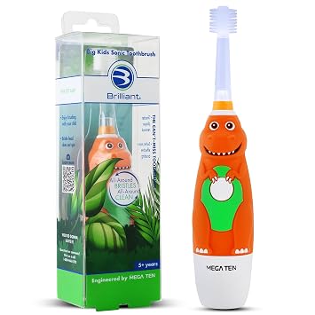 Brilliant Oral Care Kids Sonic Electric Toothbrush with Soft Bristles, Round Brush Head, LED Light, and Timer, for Children Ages 5+, Dinosaur
