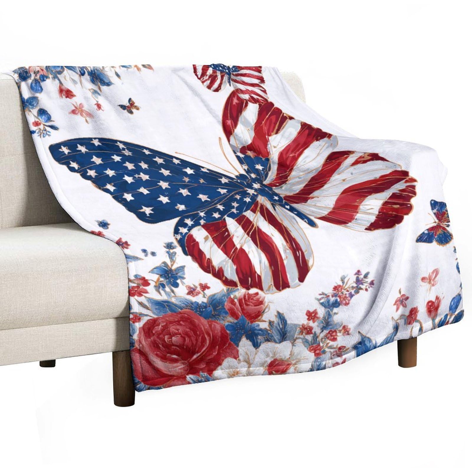 Jubonexis Patriotic Artwork Butterfly American Flag Pattern Wings Anti Pilling Throw Blankets Cozy Durable Blanket for Bedroom Living Rooms Couch Sofa Bed 130x150cm(50x60in)