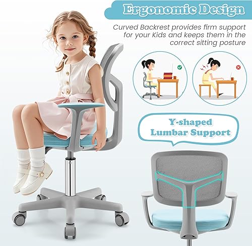 Miniatura 39 de Giantex Silla de escritorio para niños, silla de computadora para niños con ruedas y soporte lumbar en forma de Y, asiento de estudio para niños,