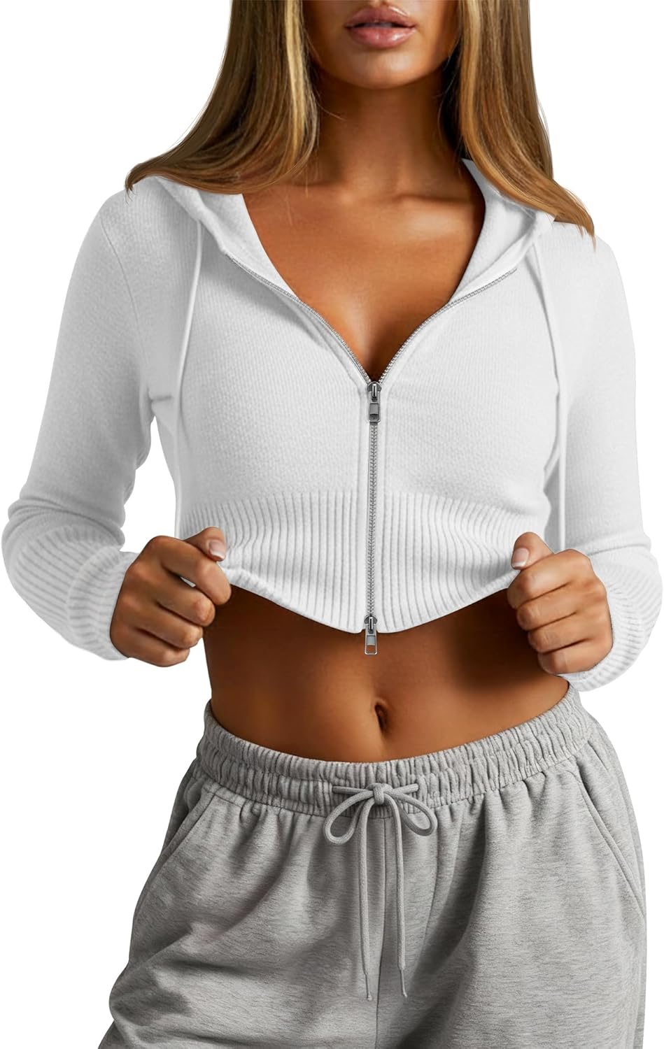 Oakgarden Women's Cropped Zip up Hoodies Long Sleeve Fitted Sweater Pullover Ribbed Knit Casual Trendy Fall Y2k Cardigans