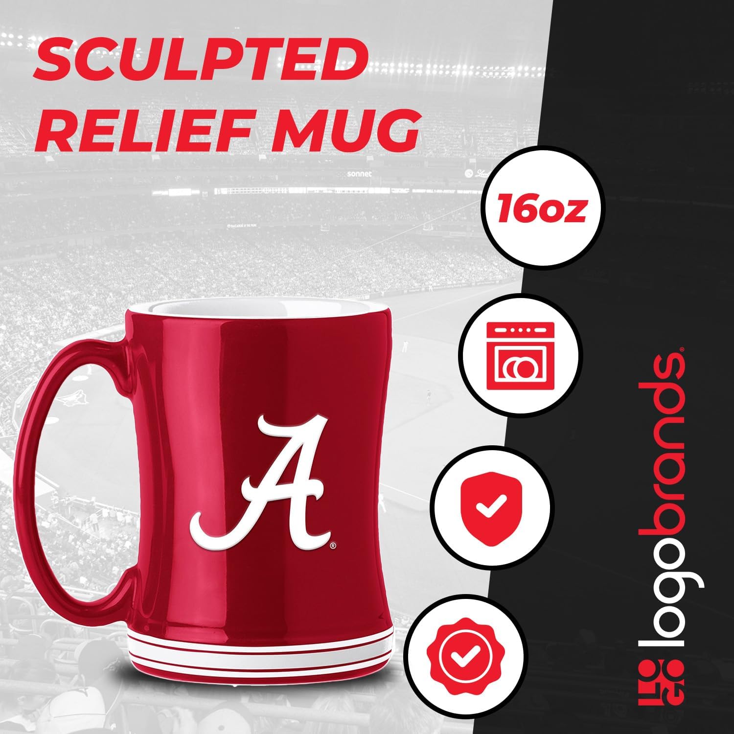 Logo Brands NCAA Alabama Crimson Tide 14 oz Relief Coffee Mug - Officially Licensed Mug, Sculpted 3D Logo and Team Colors – Comfortable Handle and Glossy Finish for College Sports Fans - Image 3