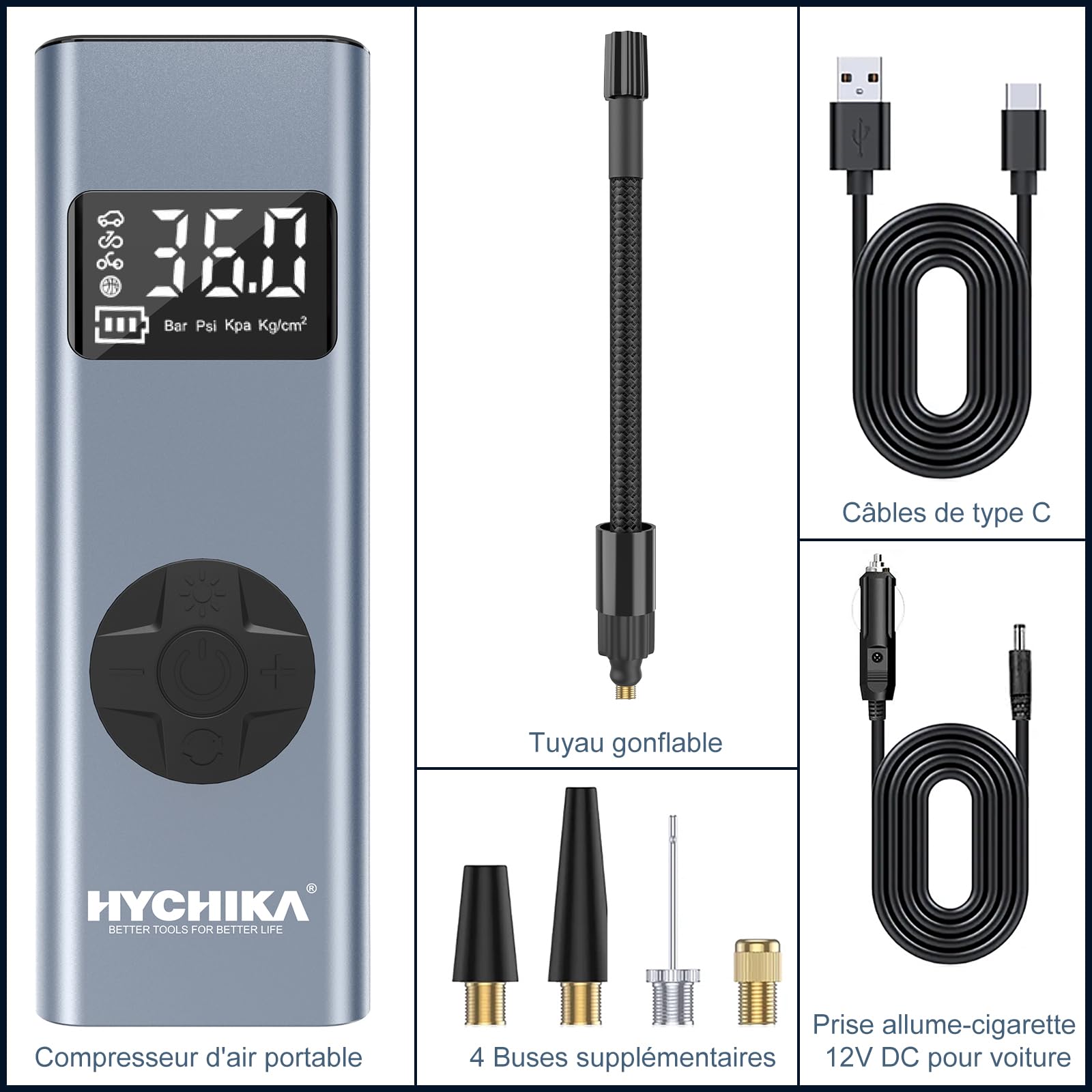HYCHIKA Mini Compresseur à Air Portatif, 12V 6000mAh Gonfleur Pneus Voiture Gonfleur Electrique Pompe a Velo 150PSI avec Écran LCD + Lampe LED, 4 Modes pour Voiture, Velo, Moto, Balle