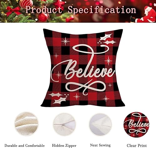 Miniatura 6 de Juego de 4 fundas de almohada de búfalo rojo de Navidad de 24 x 24 pulgadas, decoración de Navidad, fundas de cojín a cuadros para sala de estar,