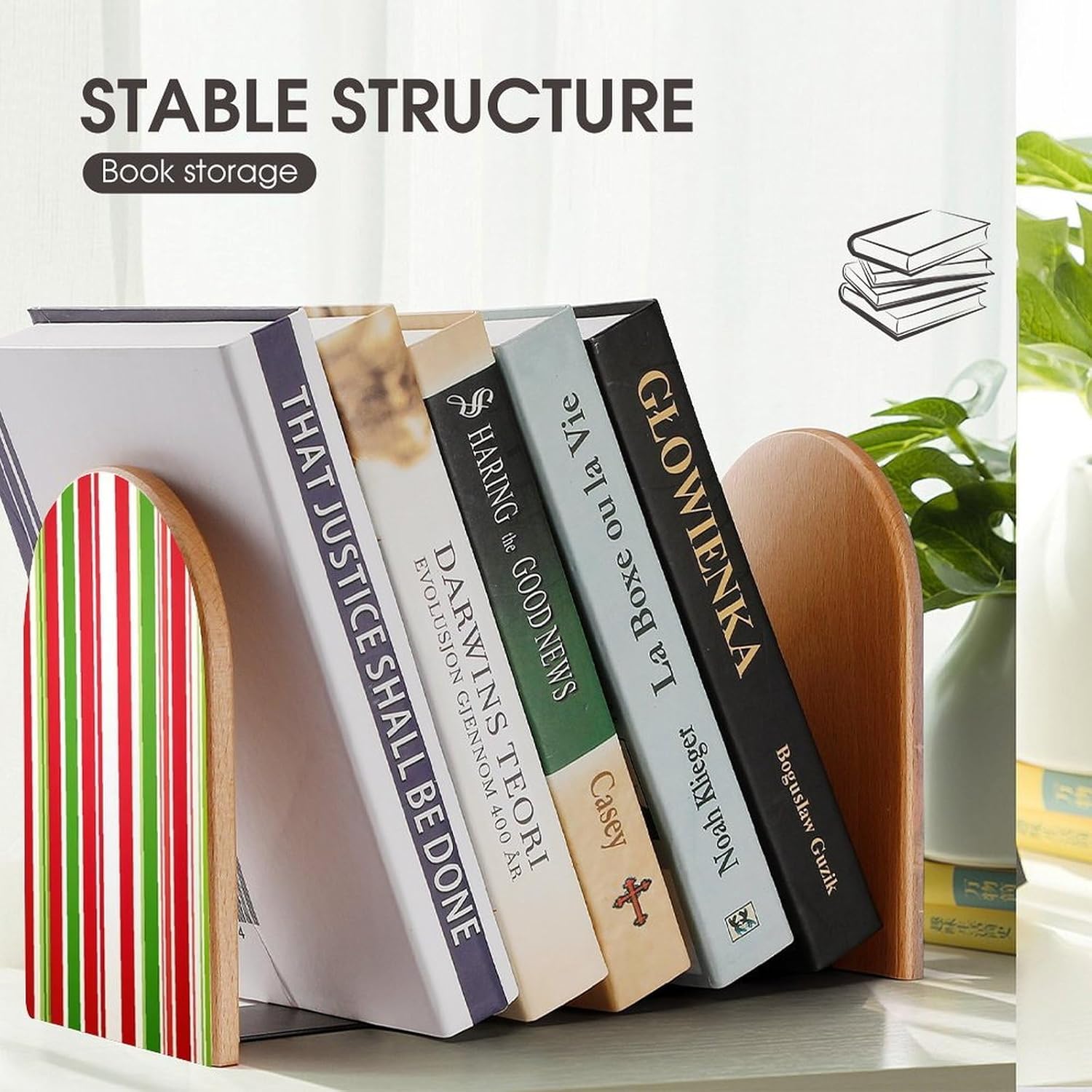 Red Green Striped Pattern Cute Wood Book Ends Decorative Bookends 1 Pair Non-Skid for Shelves Home Office 7 X 5 Inch