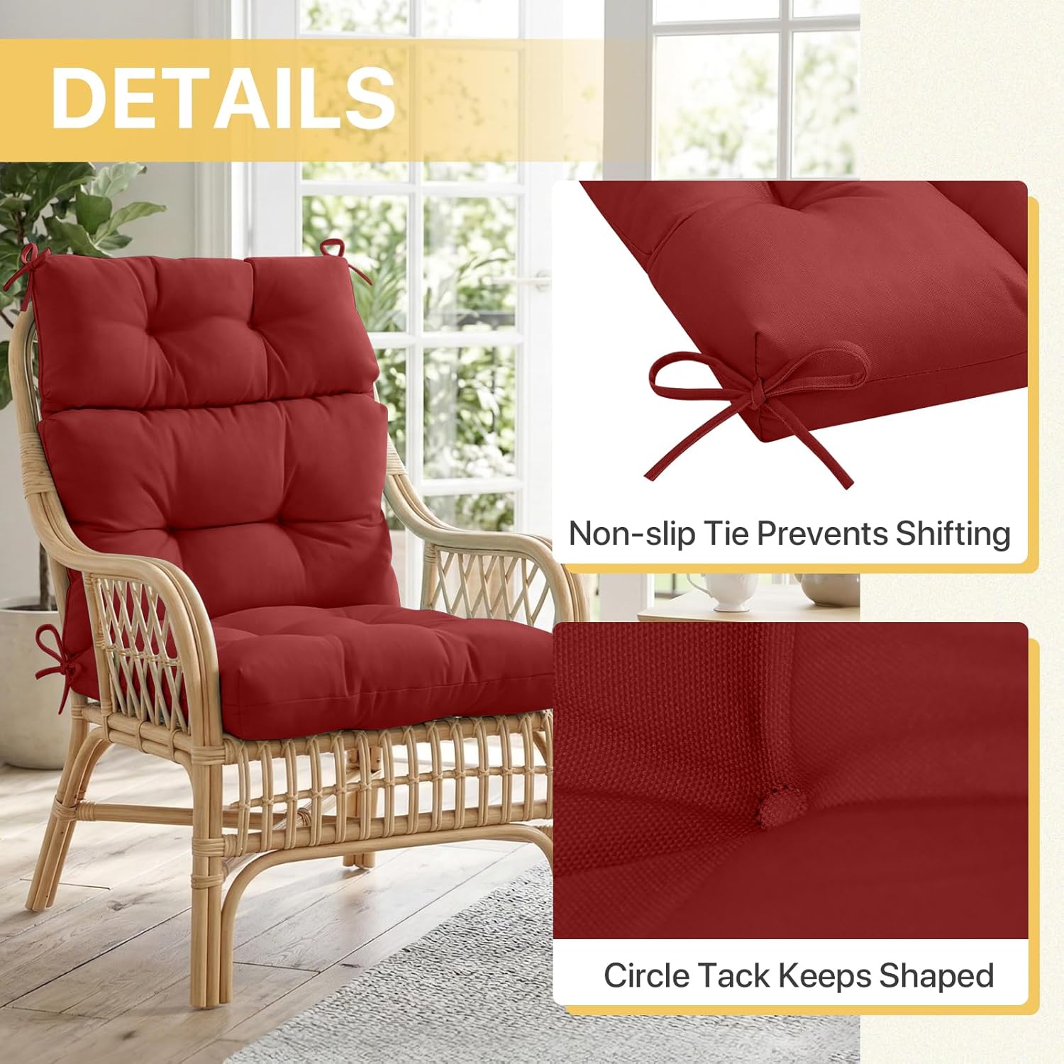 COOS BAY Outdoor Chair Cushions High Back 46x22 Inch, Tufted Patio Seat Cushions with Ties, Water-Resistant Replacement Pads, 2 Pack, Red