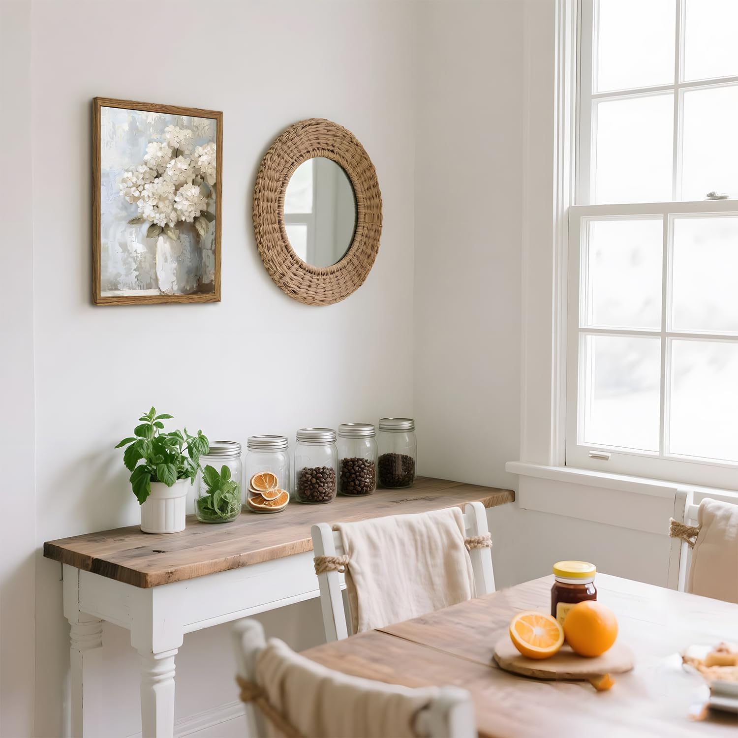 Framed Vintage Canvas Wall Art, White Hydrangea Floral Wall Decor Paintings, Flower Pictures Prints Aesthetic Home Decor for Living Room Bedroom Bathroom Office 16x24 inch