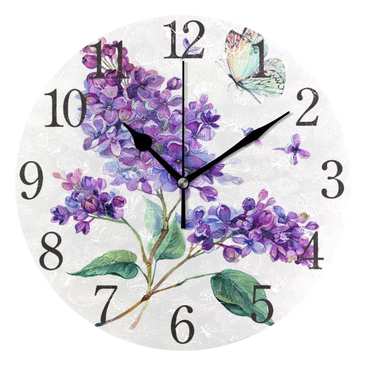 senya Wall Clock Silent 9.5 Inch Battery Operated Non Ticking Butterfly Purple Flowers Round Decorative Acrylic Quiet Clocks for Bedroom Office School Home by domook