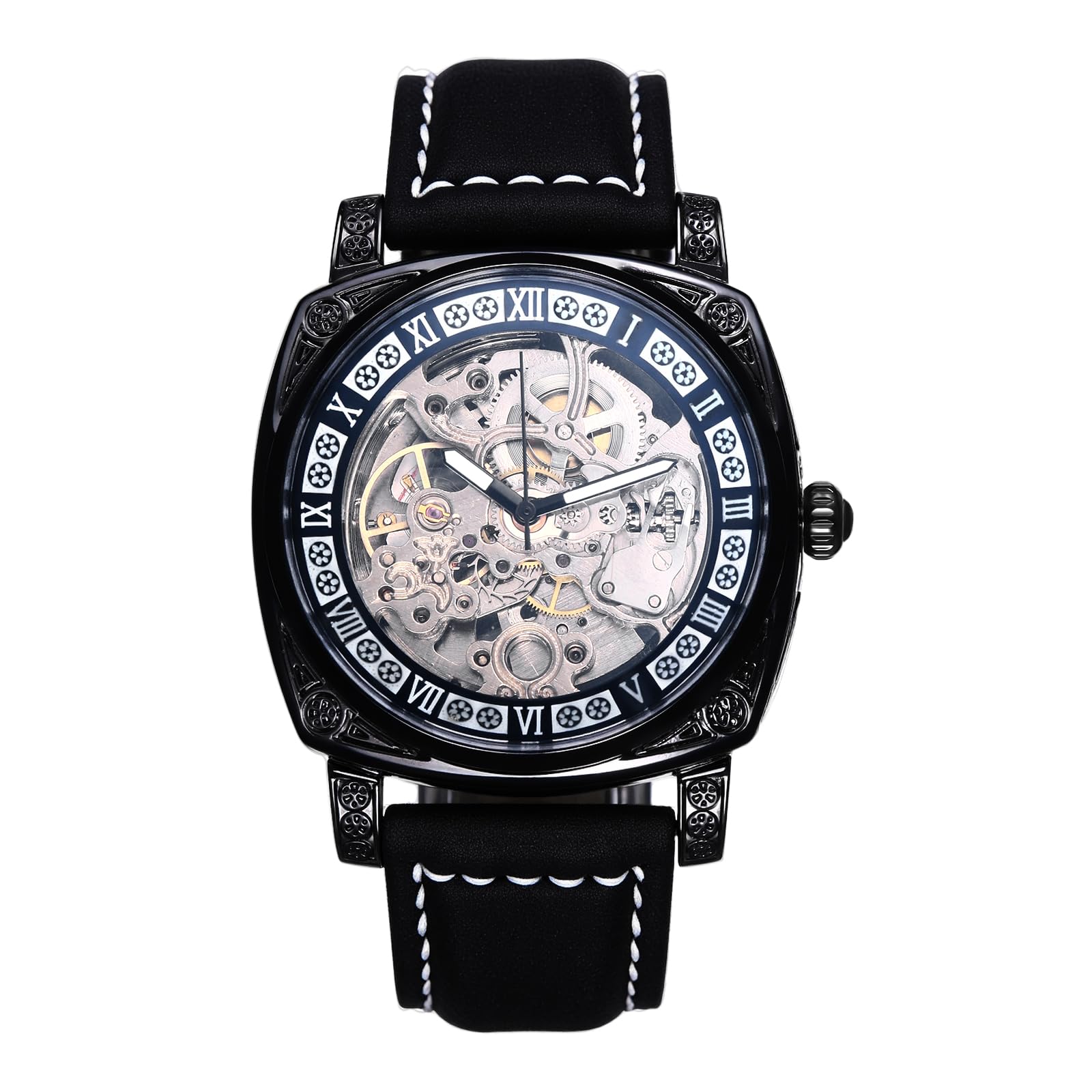 JewelryWe Męski zegarek na rękę ze szkieletem: klasyczny mechaniczny automatyczny zegarek czarna ramka szkielet tarcza ze stali nierdzewnej steampunk sukienka zegarek na Dzień Ojca Walentynki urodziny