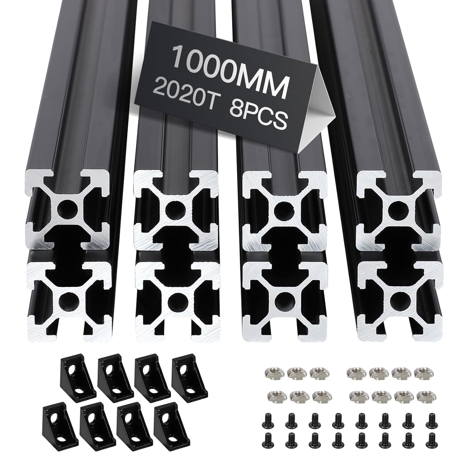 8pcs 1000mm T Slot 2020 Aluminum Extrusion European Standard Anodized Linear Rail for 3D Printer Parts and CNC DIY Black