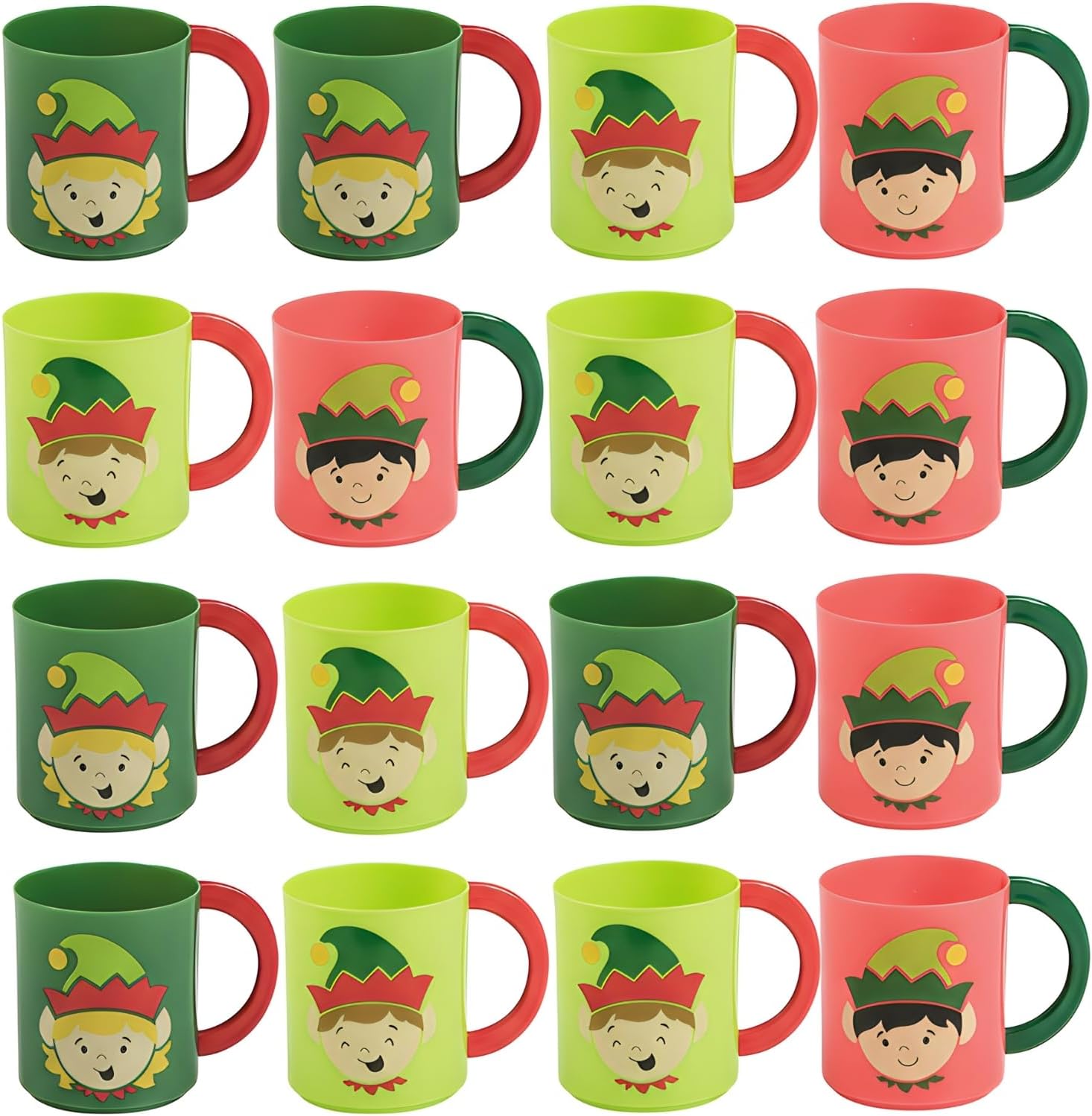Fun Express 12 Pieces Plastic Elf Mugs With Handles, 8 oz, BPA Free Plastic, Christmas Party Supplies, Drinkware, Multi-Color