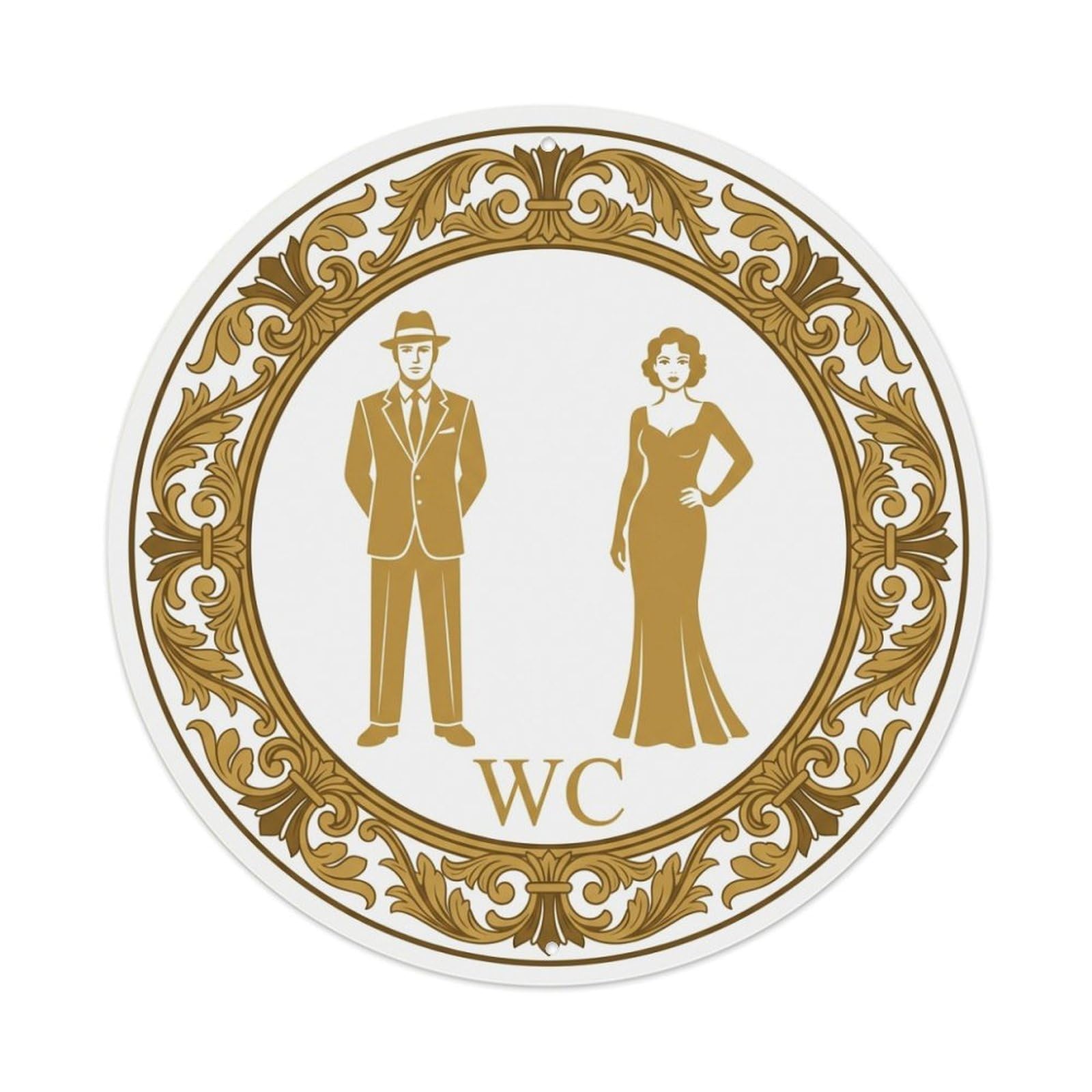 Olhnbad Style Ivory Gold Baroque Frame Restroom Notice Wc Metal Tin Sign