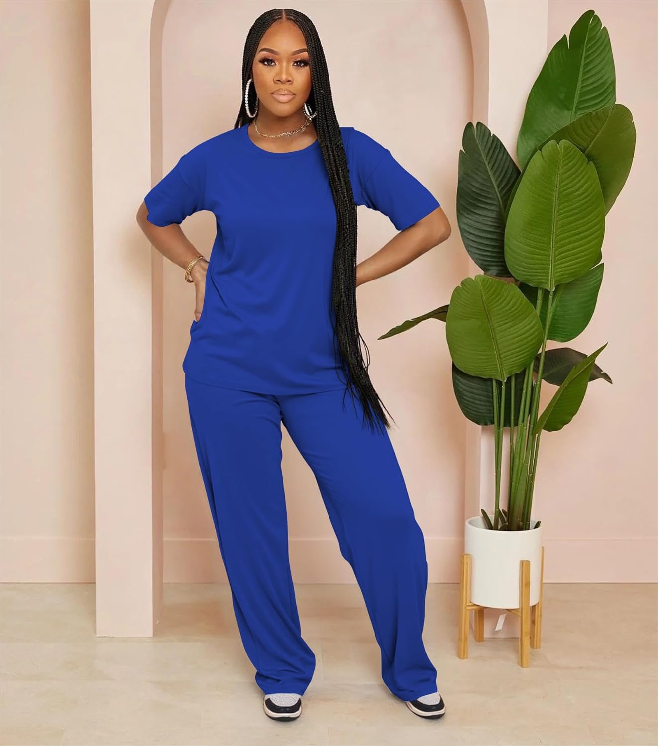 HBQ Women's 2 Piece Outfits Loose Fit Tops Wide Leg Pants Short Sleeve Lounge Matching Sets Sweatsuits - Image 2