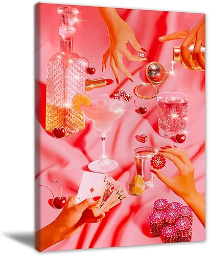 Arte de pared de moda, póquer rosa vintage, lindo y divertido cóctel, casino, dados en lienzo, arte de pared genial y funky para bebidas, bola de