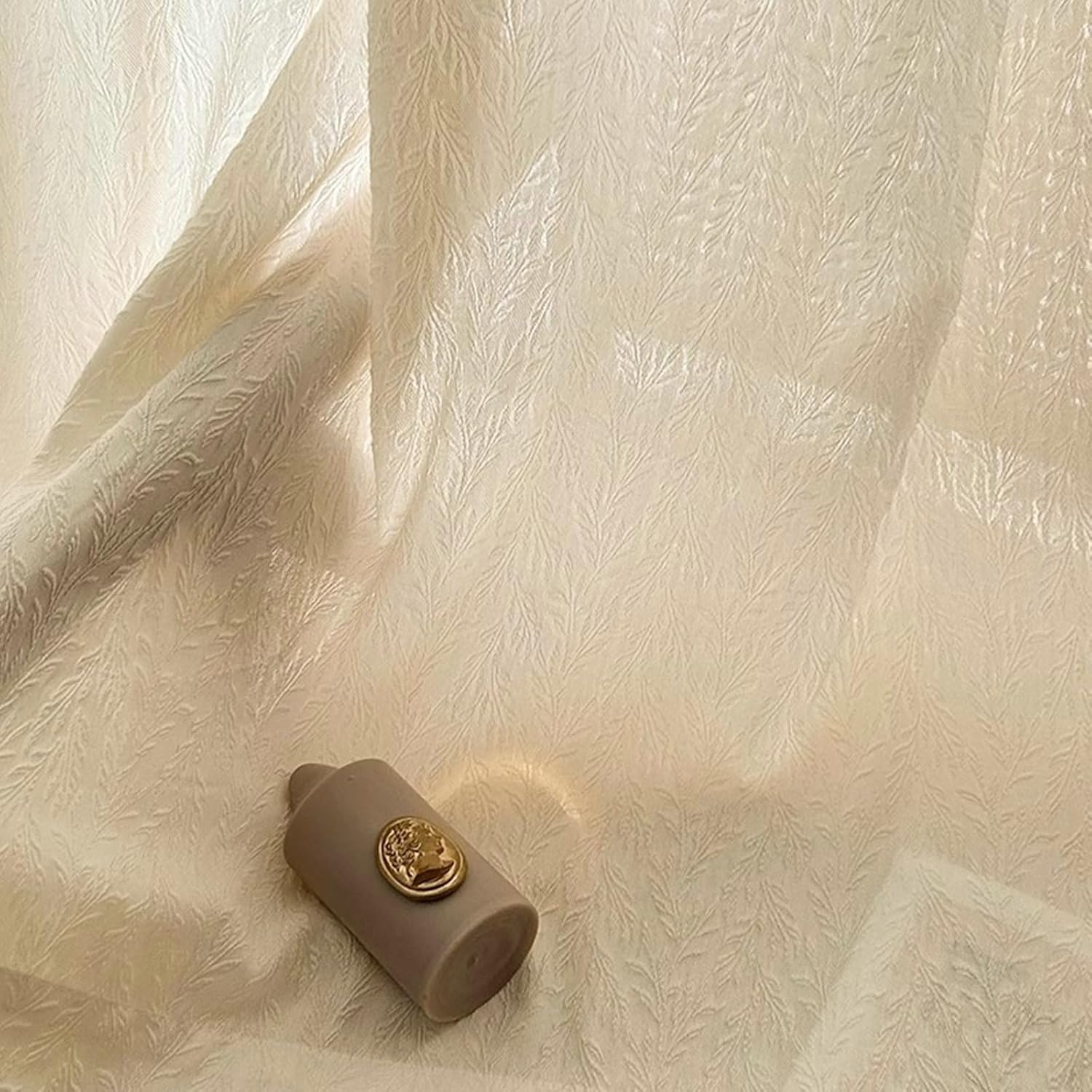 Semi Sheer Curtains for Living Room 2 Panels Set 72 inch Long, Semi Transparent Curtains Eyelets Solid Color Jacquard Embossed Leaves Window Treatments Cream Yellow, 42 x 72 Inch