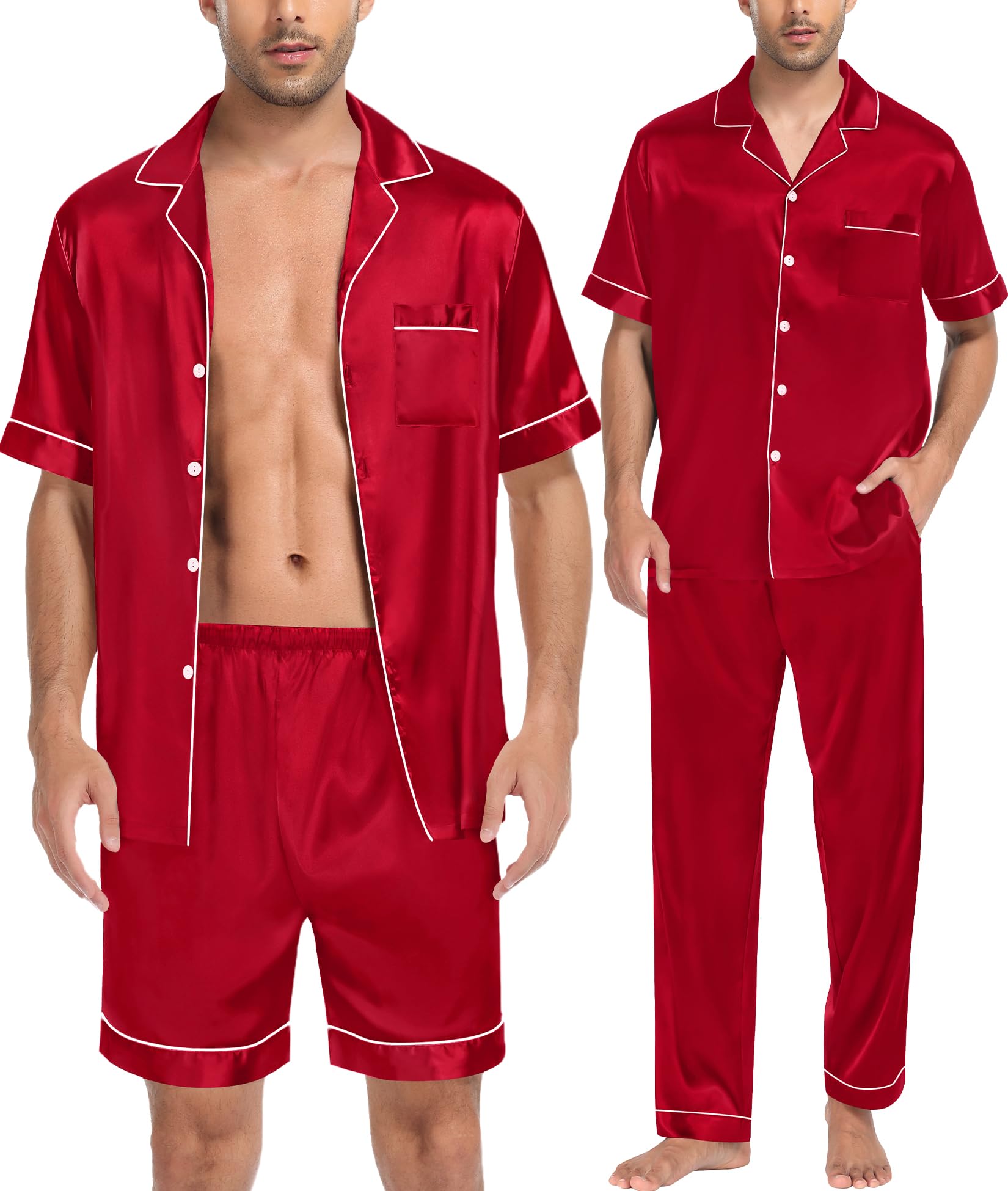 swomog Mens 3pcs Pajamas Set Silk Satin Short Sleeve Sleepwear Button Down Pjs Classic Loungewear Nightwear-picture-13