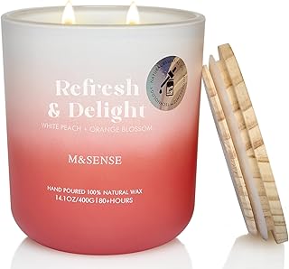 M&SENSE White Peach & Orange Blossom Scented Candle for Home, 14.1oz 80-Hour Non Toxic Long-Lasting Natural Soy Wax Scent Fragrance, 2 Wick Aromatherapy Candle for Women Men Family Friends