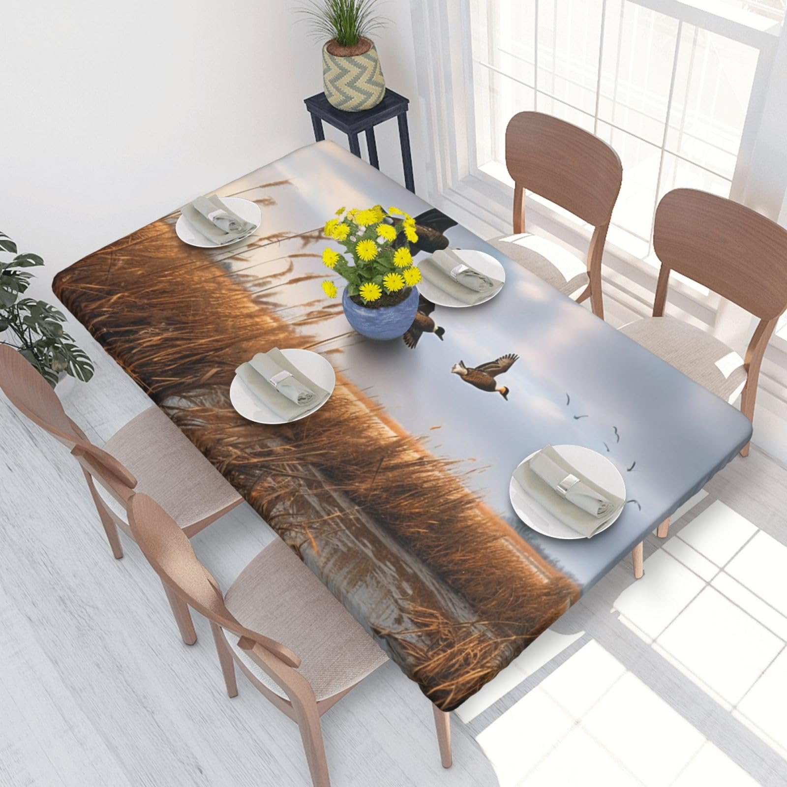 DCARSETCV Hunting Flying Wild Duck Printed 4FT Waterproof Tablecloth with Elastic Edged Protect & Decor Your Table, Oil-proof Washable Table Cloth Cover for Dinner Picnic Party