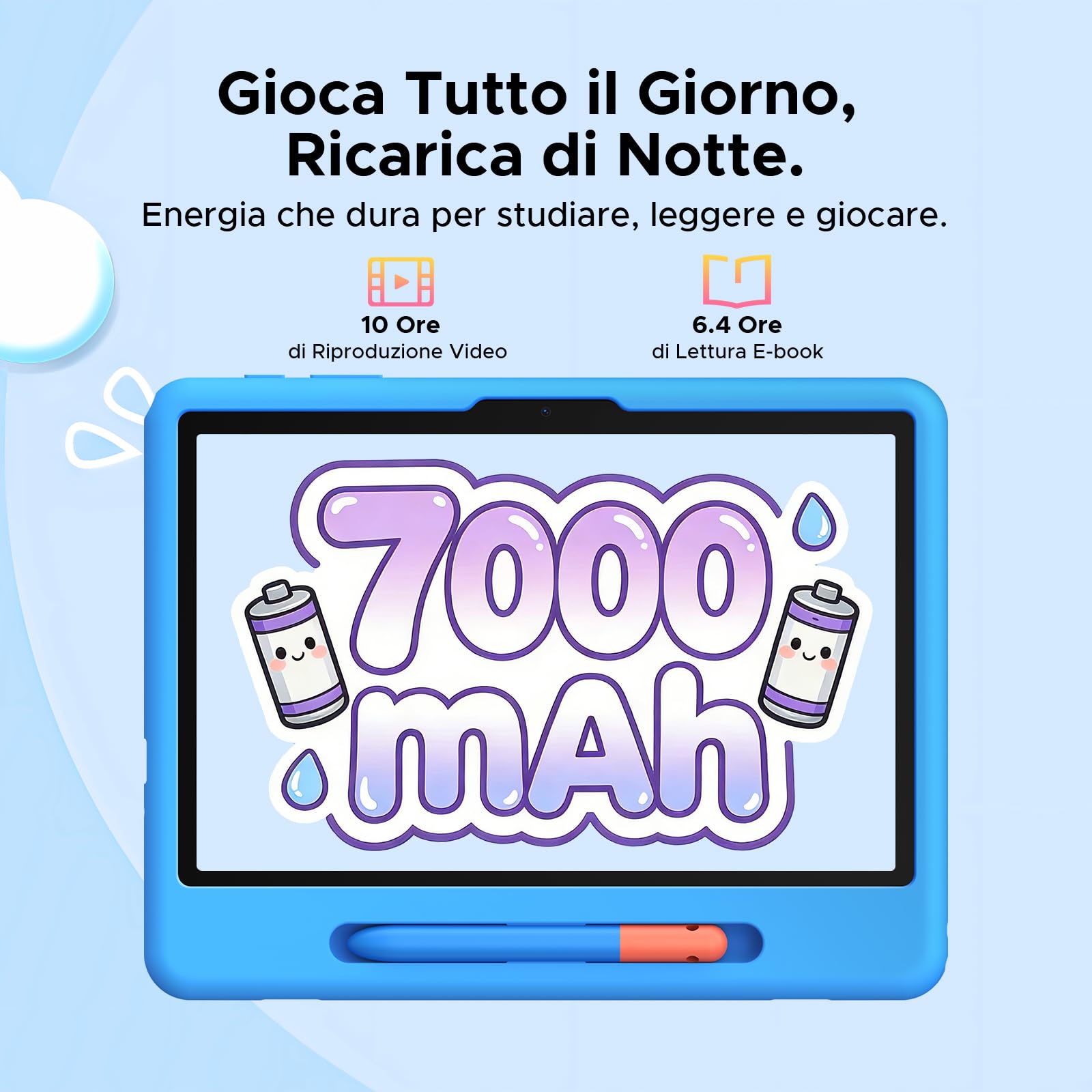 P10 Kid Tablet Bambini 10 Pollici, Tablet Android 16, 90Hz, 32GB RAM+64GB ROM, 7000mAH, Vetro Curvo 2.5D, WiFi5/Face ID/OTG/Widevine L1, Include Accessori per Tablets per Bambini, Blu