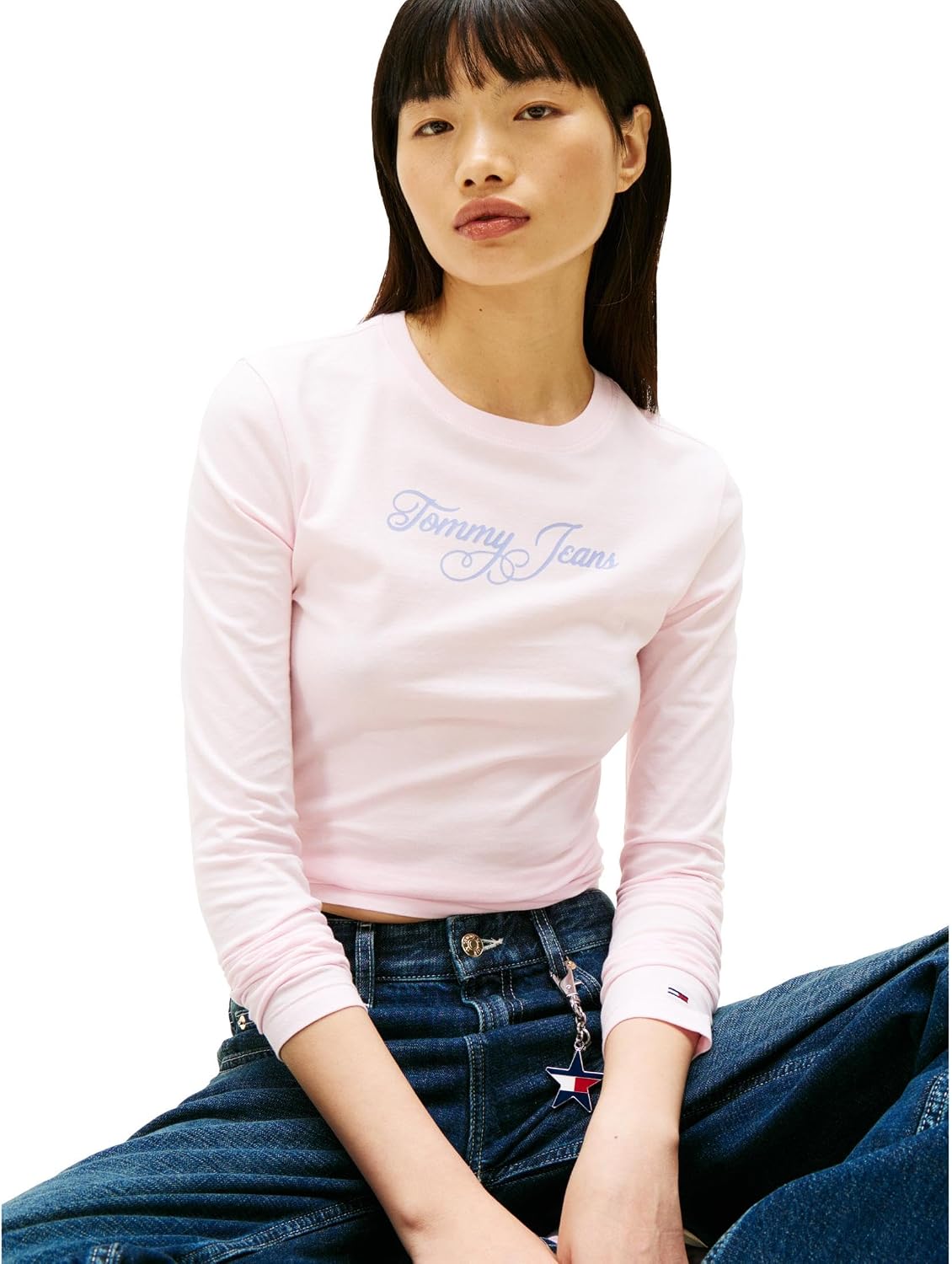 Tommy Jeans Women's Long Sleeve Cotton Graphic T-Shirts with Printed Script Logo