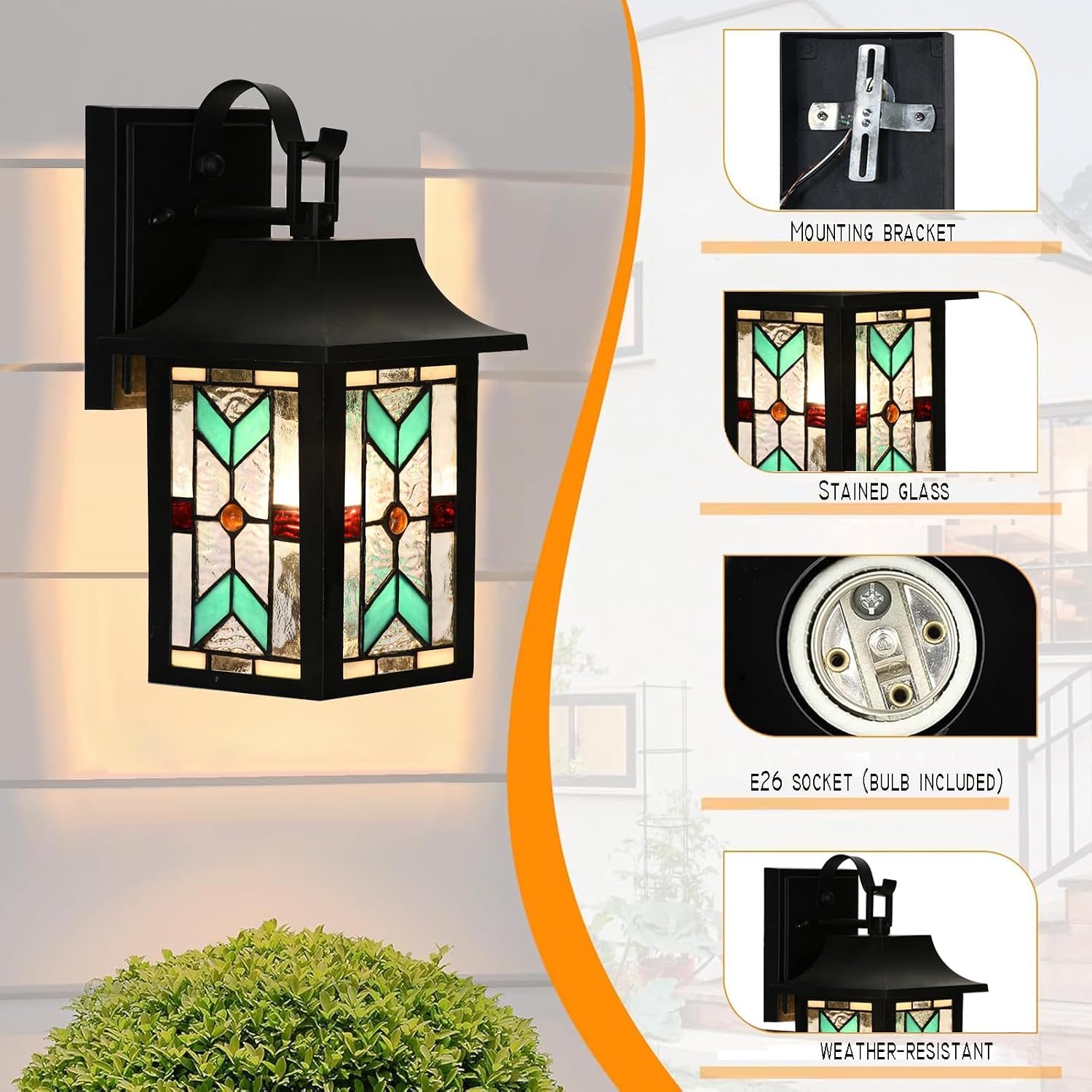 WL0009 Tiffany Style Outdoor Light Fixutres Stained Glass Wall Sconce Exterior Waterproof Wall Lantern Light for Balcony Aisle Hallway W 7X D 6 x H 12 Inches, Bulb Included (Chrolume)