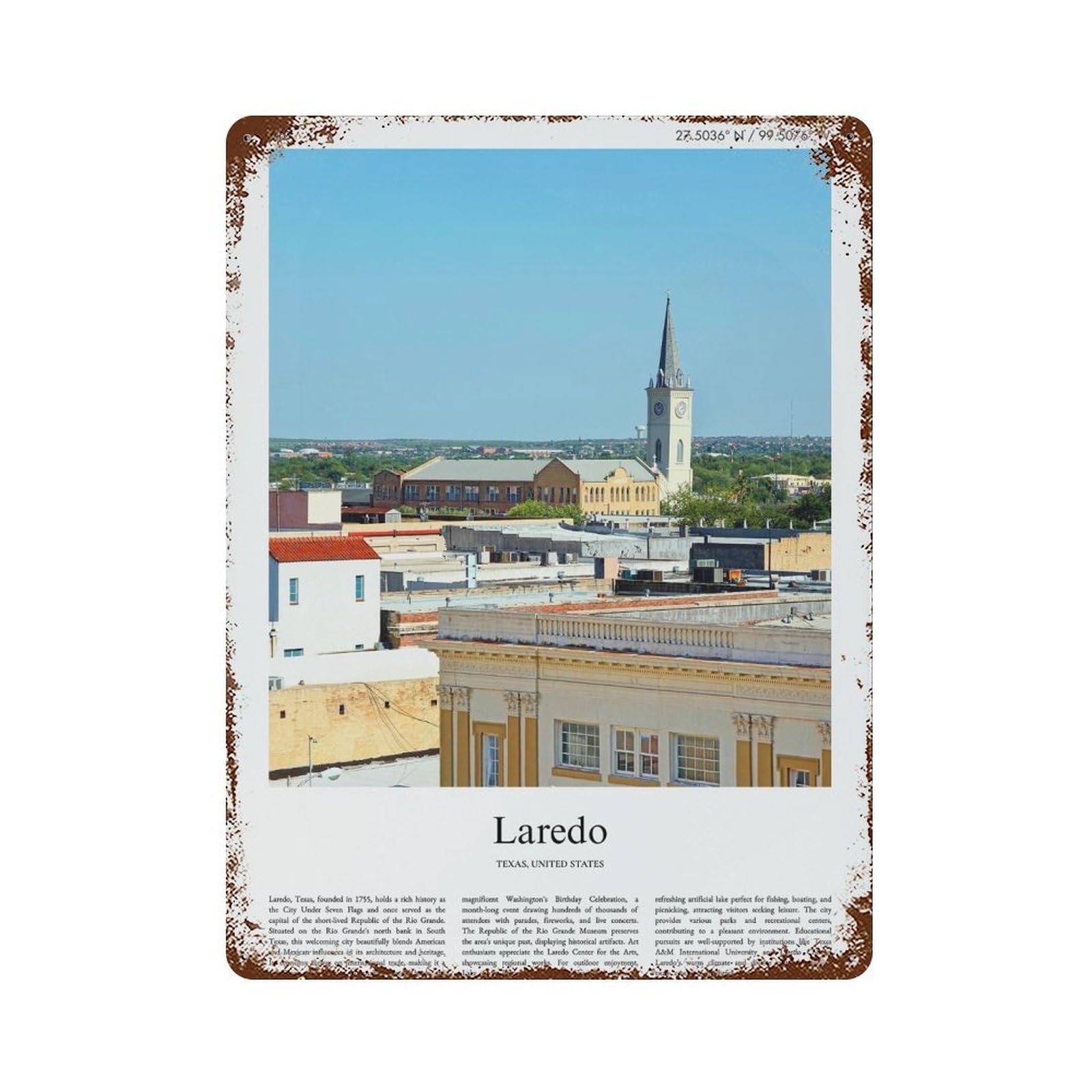 xiaoxiaoshen Laredo Texas, United States, USA City Scenery Wall Decor Art Metal Tin Poster Modern Home Decor Art Home Bar Shop Decorations Vintage Sign 40x30cm