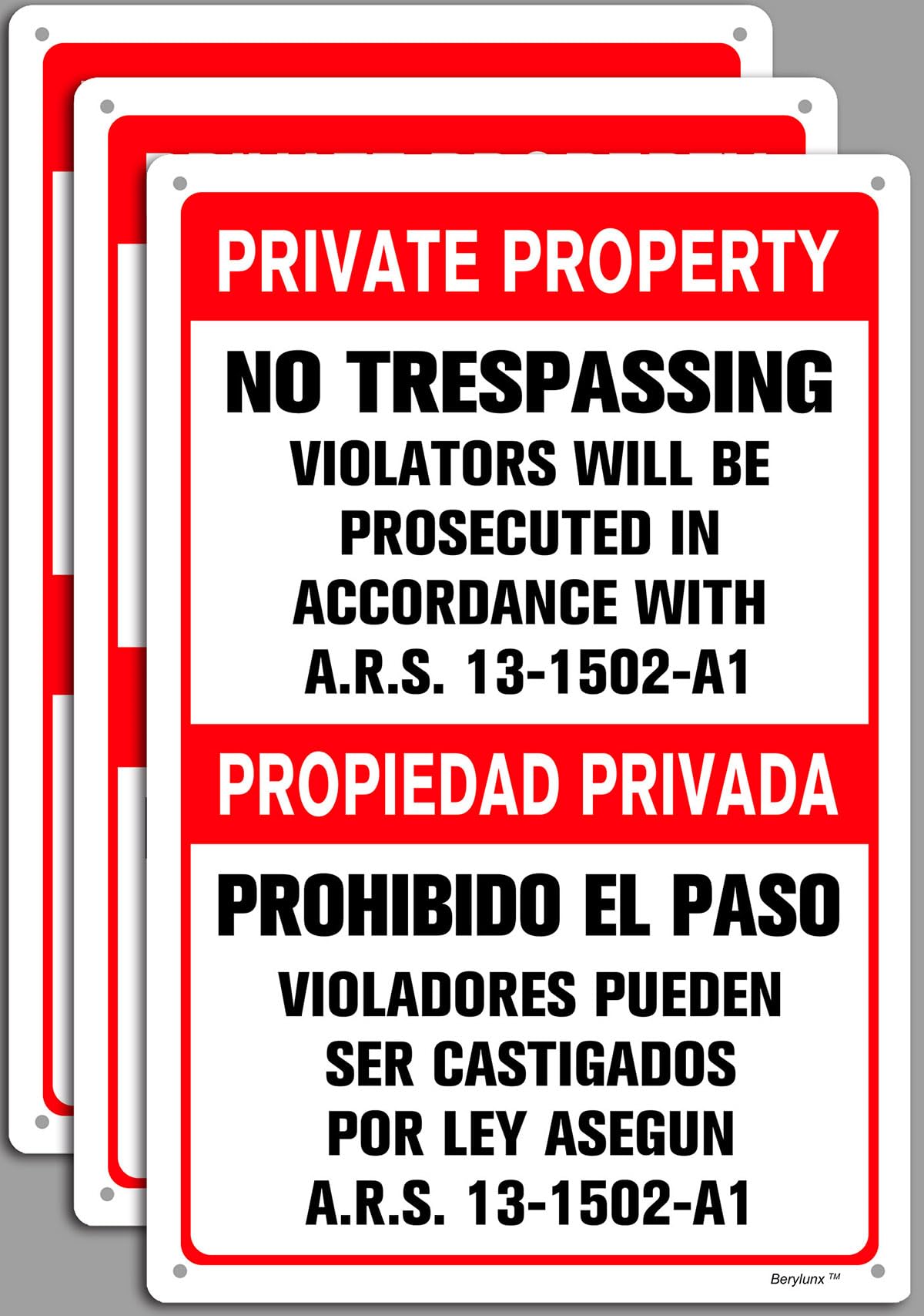 3 Pack 8" x 12" Private Property No Trespassing Violators Will Be Prosecuted in Accordance with ARS 13-1502-A1 Warning Sign