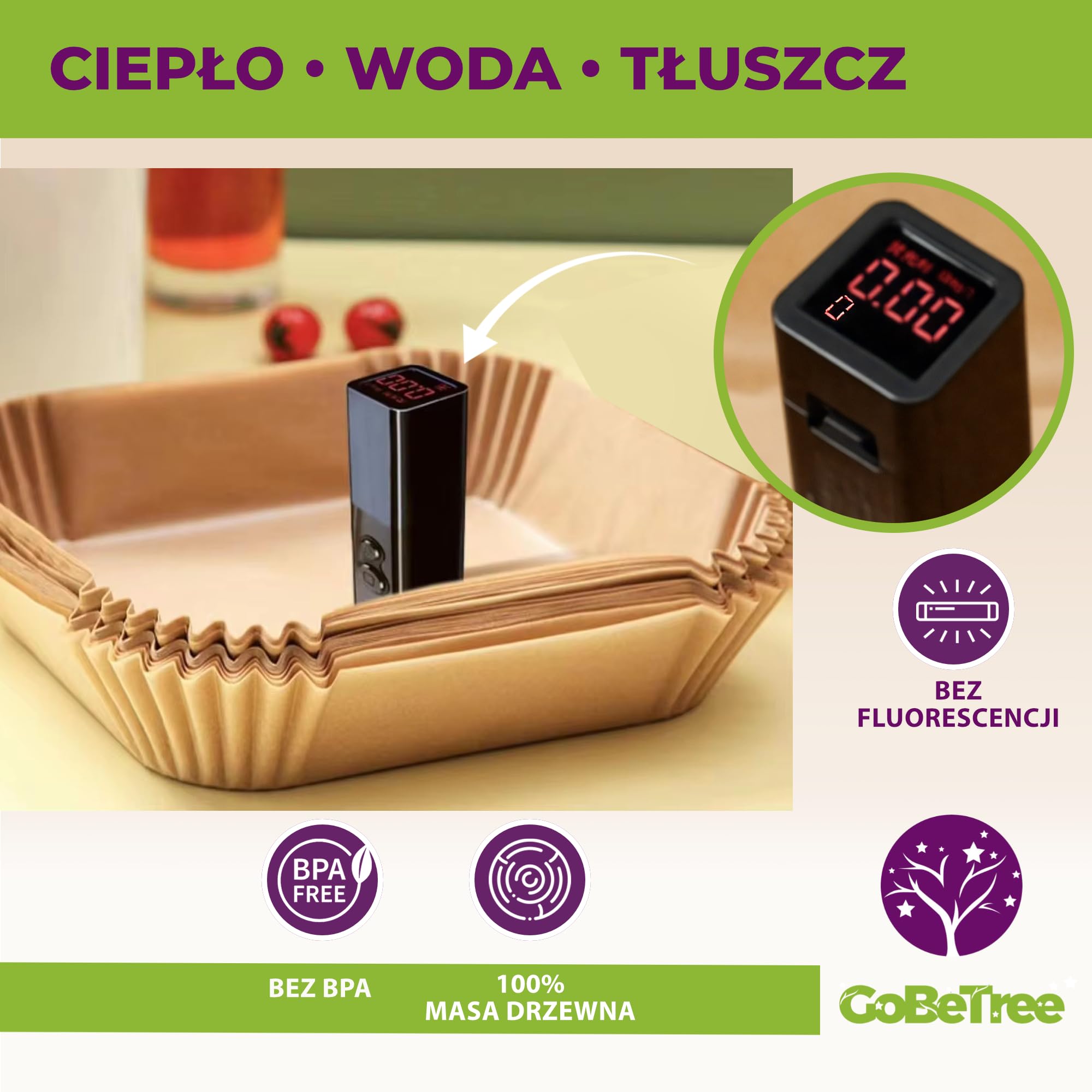 GoBeTree 200 Papier Do Frytkownicy Beztłuszczowej Kwadratowy 20-24,5 cm. Nieprzywierający Air Fryer Papier Cosori 5,5L 6L Cecotec Philips Ninja Bez BPA Perforowany Jednorazowy Do Piekarnika