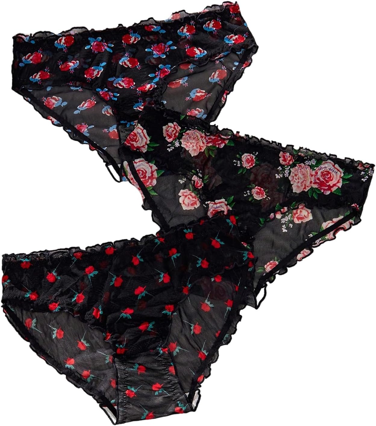 WDIRARA Women's Plus Size 3 Pack Briefs Floral Mesh Frill Trim Panties Underwear