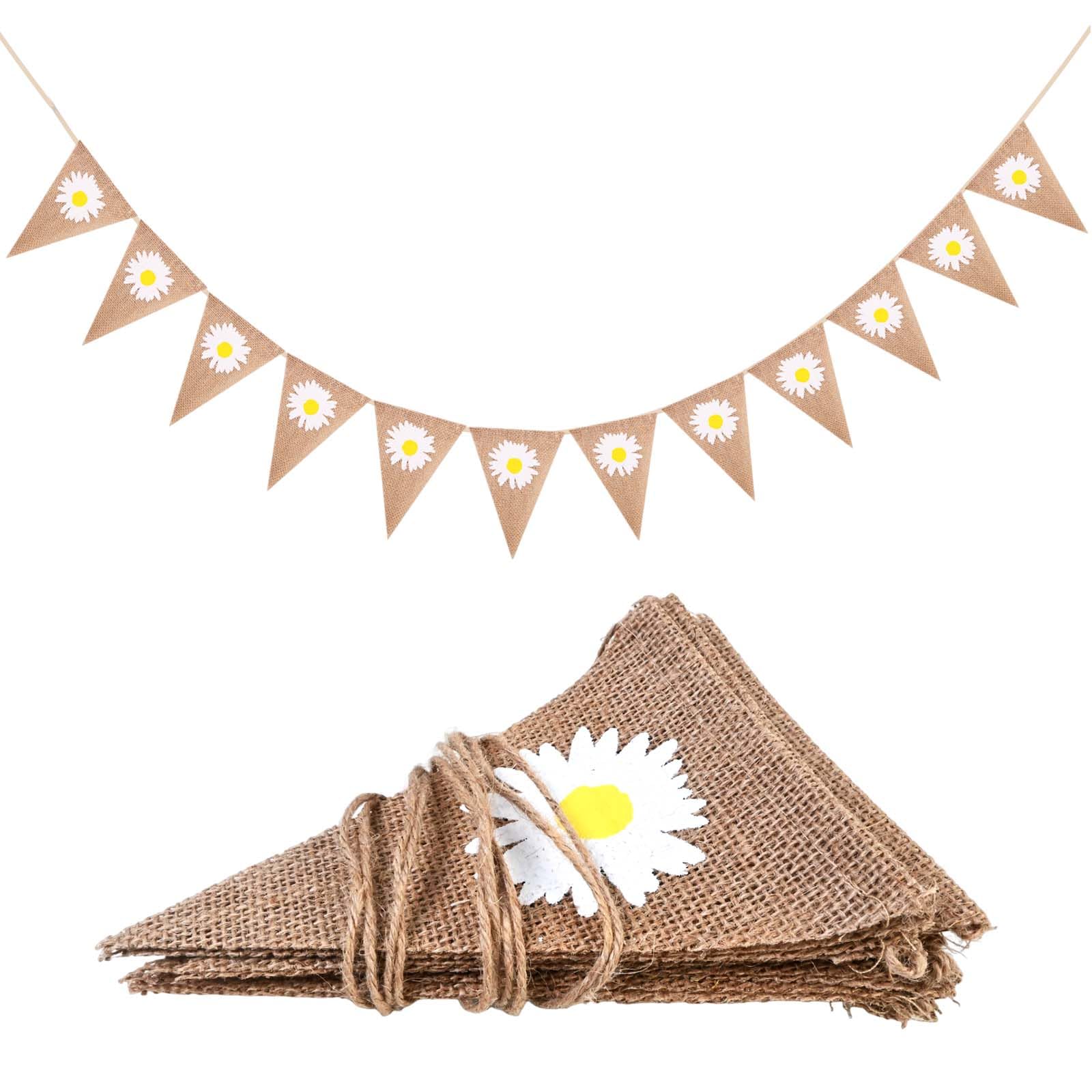 12PCS Daisy Burlap Bunting Banner, Reusable Hessian Triangle Flags Garland for Wedding, Bridal Shower, Birthday Party, Rustic Spring Floral Decorations