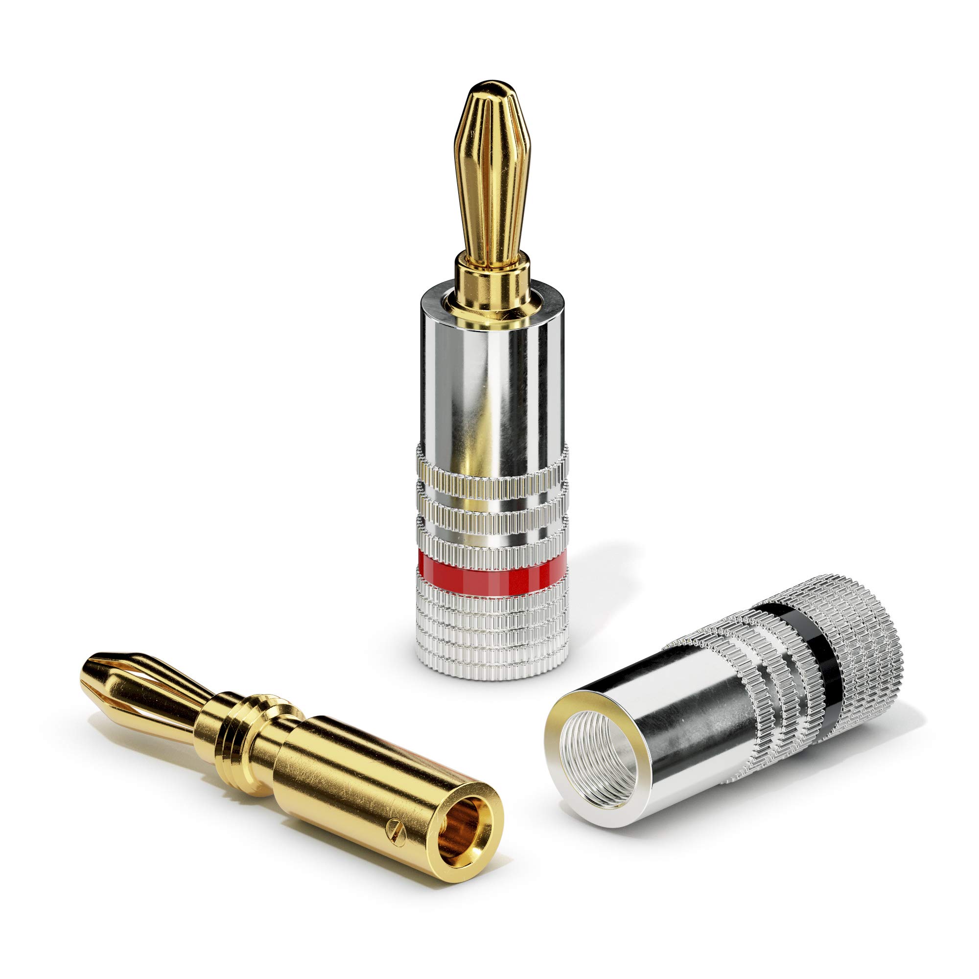 sonero® lot de 4 fiches bananes, pour tous les câbles d'enceintes d'un diamètre maximum de 6 mm², 4 pièces avec codage couleur (12x rouge, 12x noir), plaqué or 24 carats