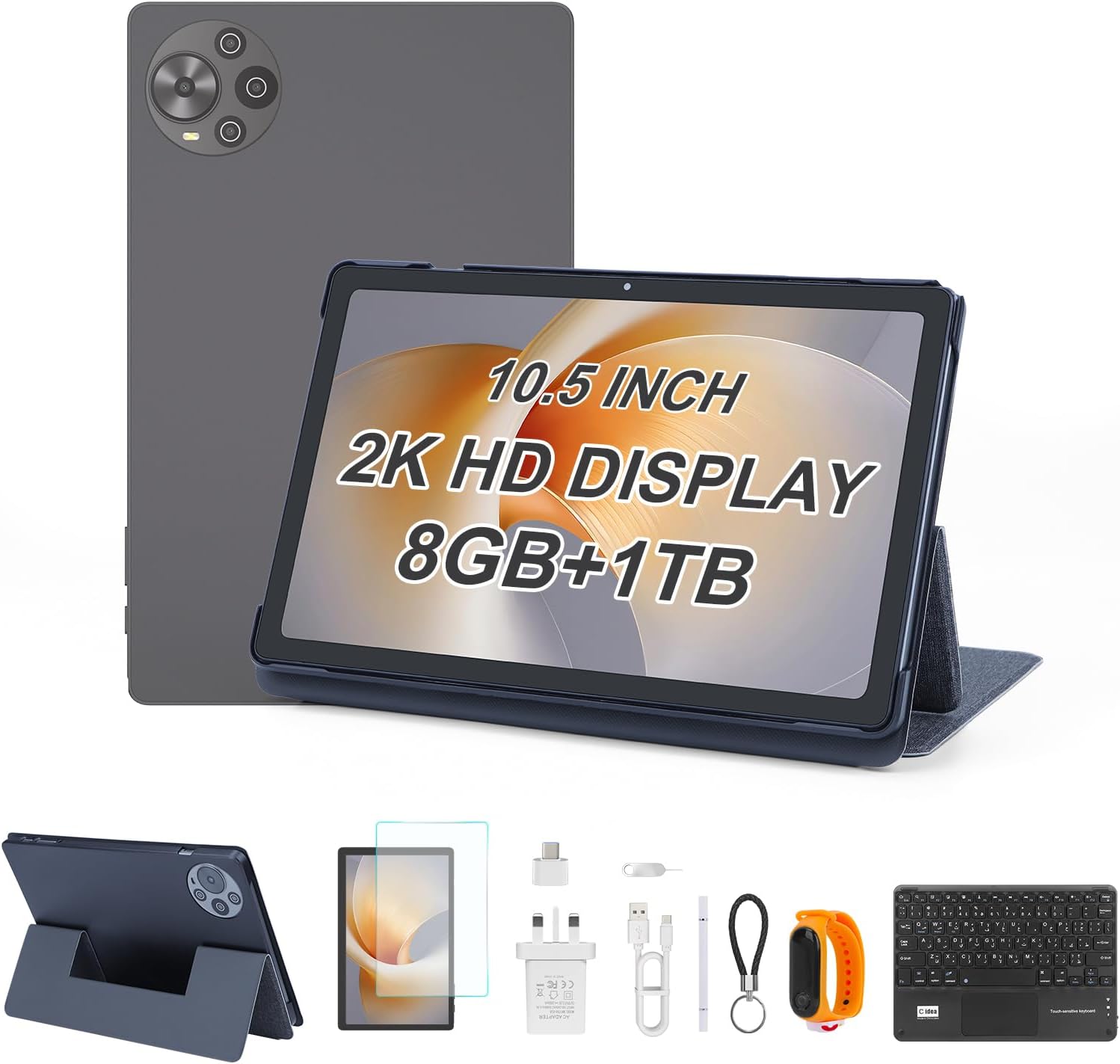 10.5" Tablet Android 14, 8GB RAM, 1TB Storage, WiFi, Bluetooth, GPS, Dual Camera, Long Lasting Battery Tablet, CM10500Plus (Black)