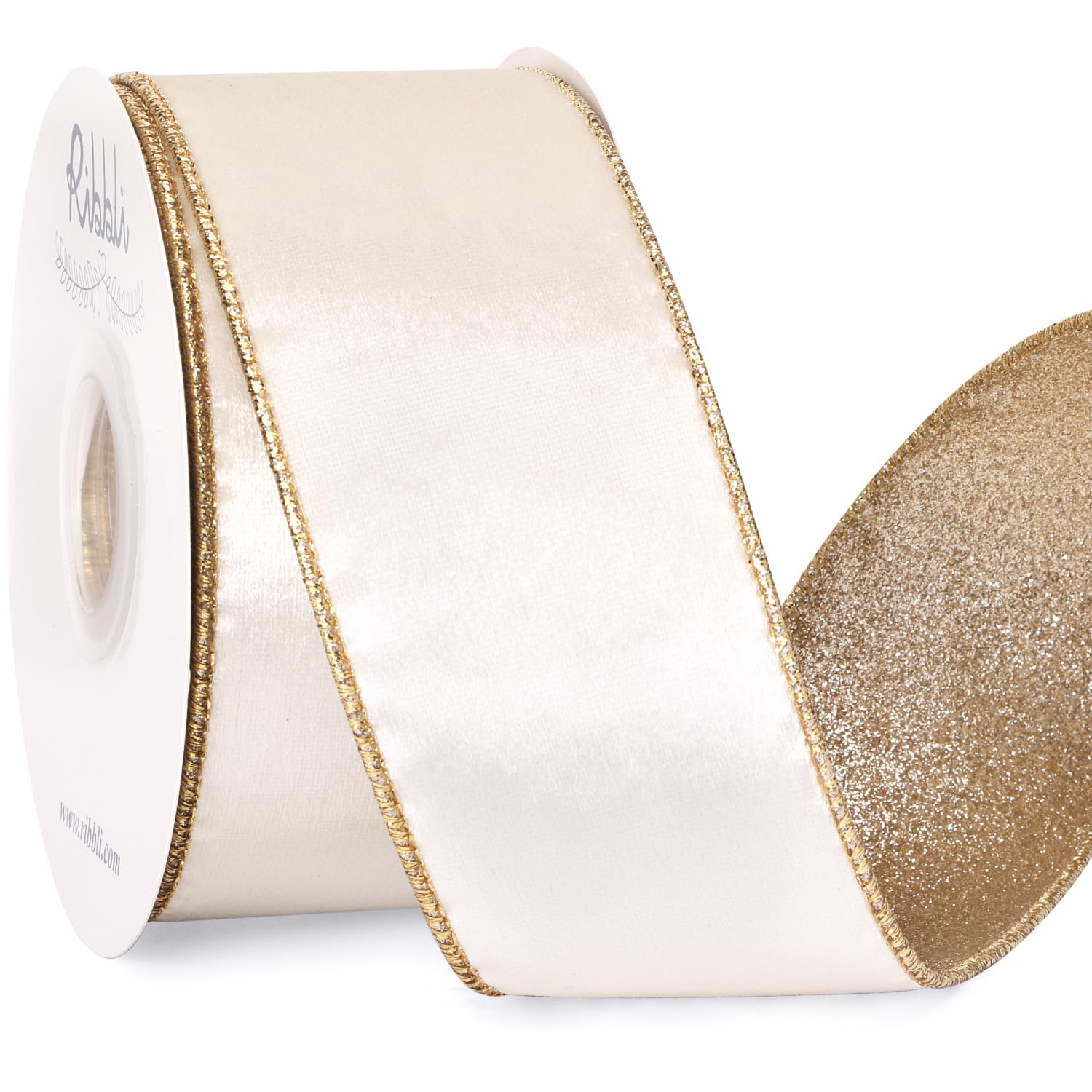 Ribbli Light Gold Velvet Wired Ribbon With Glitter - 2.5 Inch X 10 Yards For Christmas Crafts & Gift Wrapping