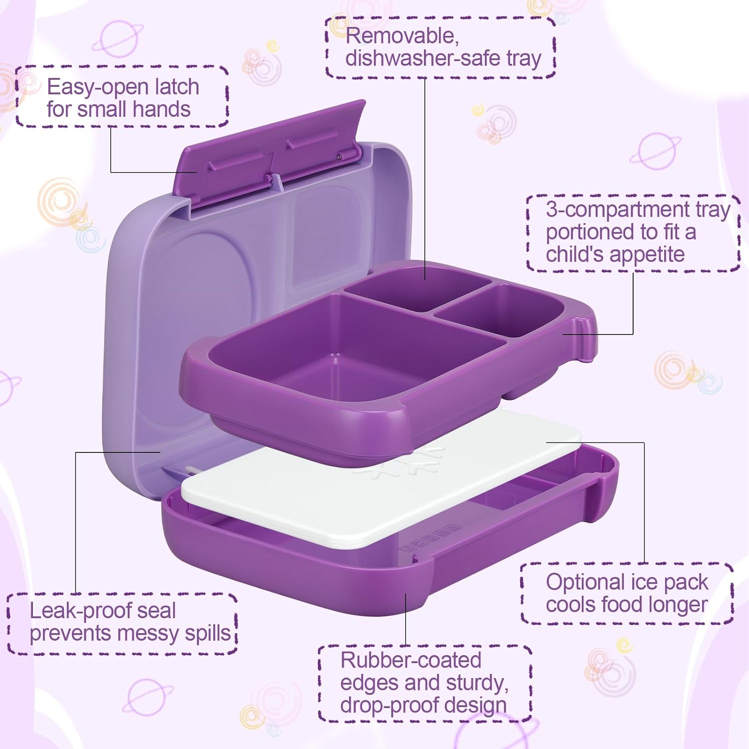 Bento Box for Kids,Kids Bento Lunch Box with Built-in Ice Pack for School,3 Compartments Leak Proof Lunch Container with Utensils for Girl Boy;BPA Free,Microwave & Dishwasher Safe, 44oz(Purple) - Image 3