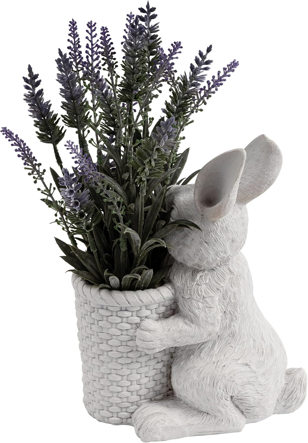 Elegant Resin Statue Flower Pot –Vintage White Swan Planter with Artificial Lavender Plant Indoor Outdoor Rustic Garden Decor – Cute Animal Figurine Gift (Rabbit)